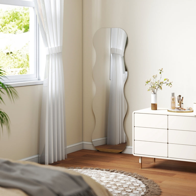 Full-Length Frameless Wave Mirror with Wooden Base, Black