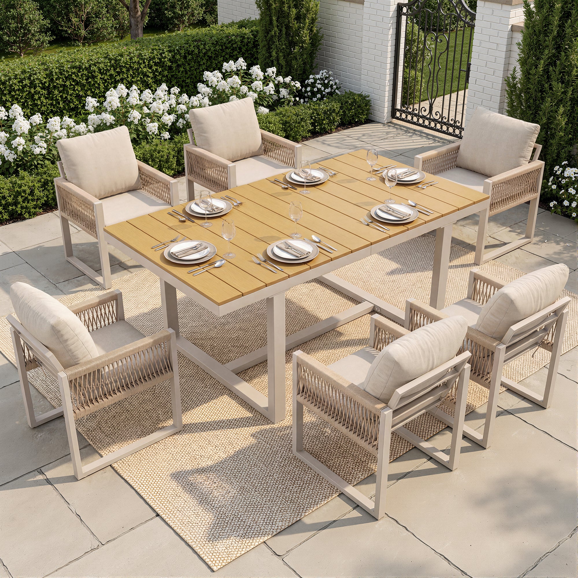 7-Piece Garden Dining Set with 1 Table and 6 Rope Weave Chairs, Weatherproof Cushions, Beige