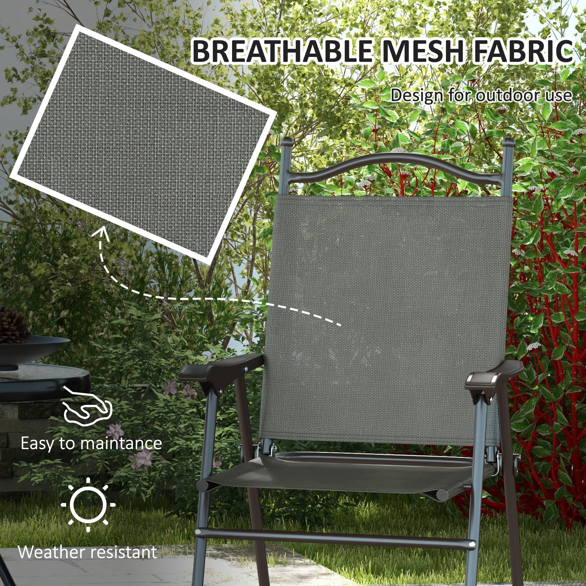 Folding Garden Chairs, Set of Two, Fabric Mesh, Dark Grey