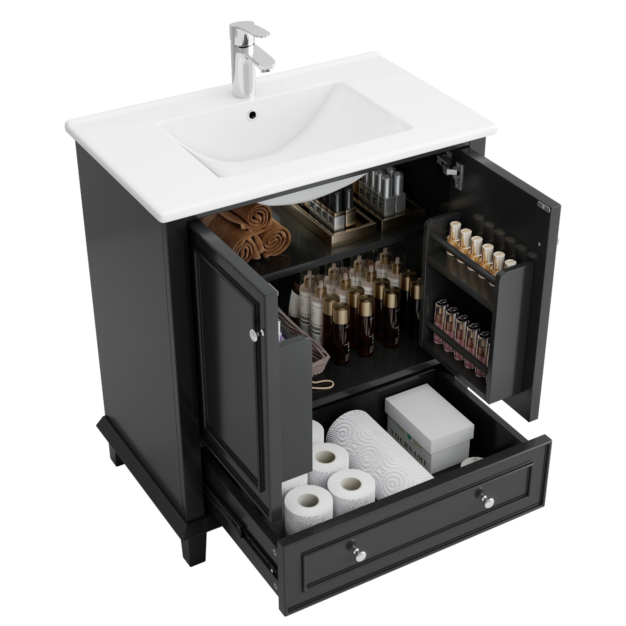 Bathroom Vanity Unit with Ceramic Sink and Solid Wood Legs, White and Black