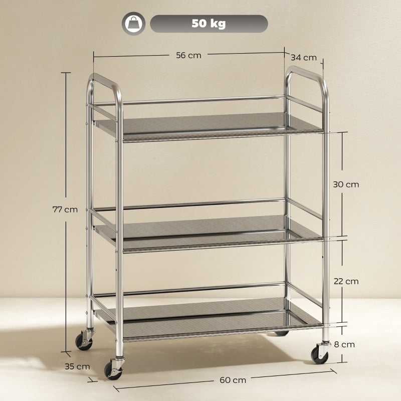 Kitchen Storage Trolley 3 Tier Adjustable Shelf Stainless Steel - Silver