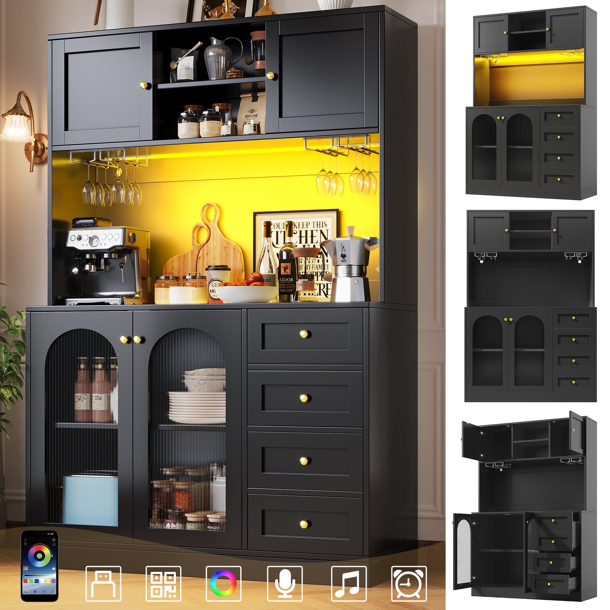 Sideboard Buffet Cabinet with 4 Doors, LED Light and Drink Holders, Black and White