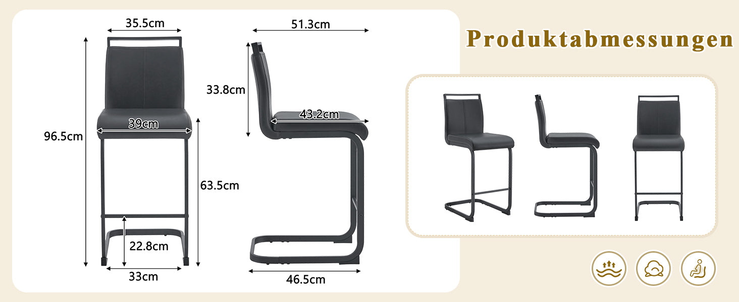Nordic-Style Bar Stools, Set of 2, 96.5 cm Height, Black Faux Leather
