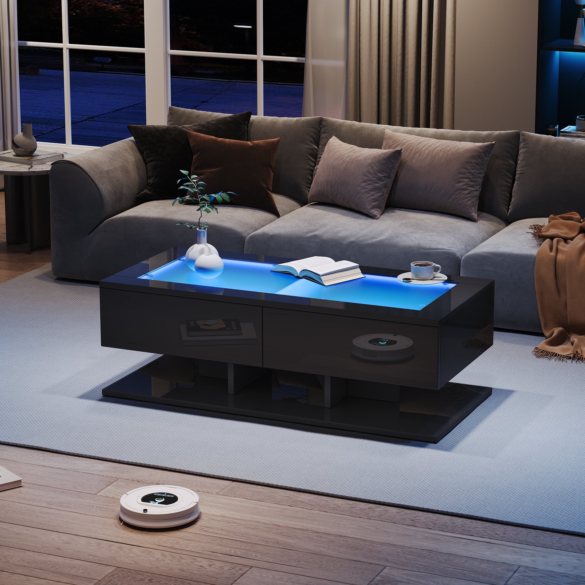 Coffee Table with Drawers, LED Light, Glass Top, Black