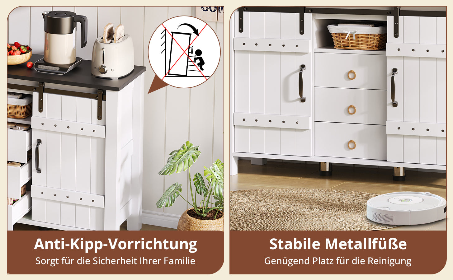 Sideboard Buffet 120cm Sliding Doors 3 Drawers - Rustic White