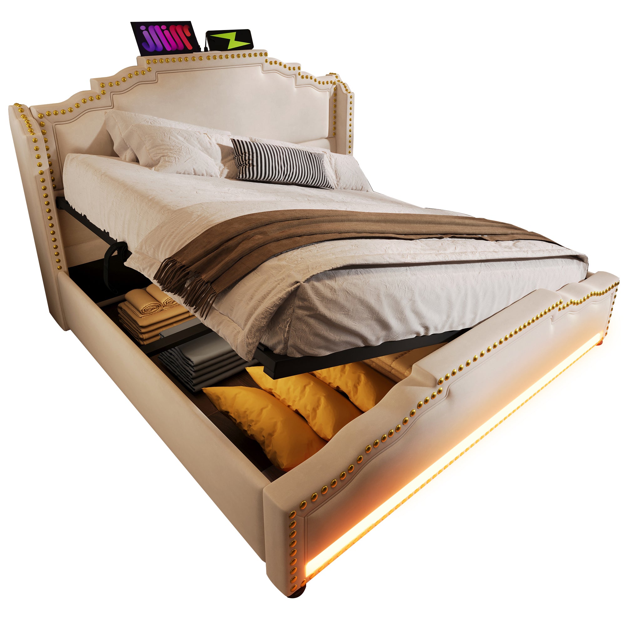 Upholstered Bed 160x200, Hydraulic Storage, LED, USB-C, Velvet Beige