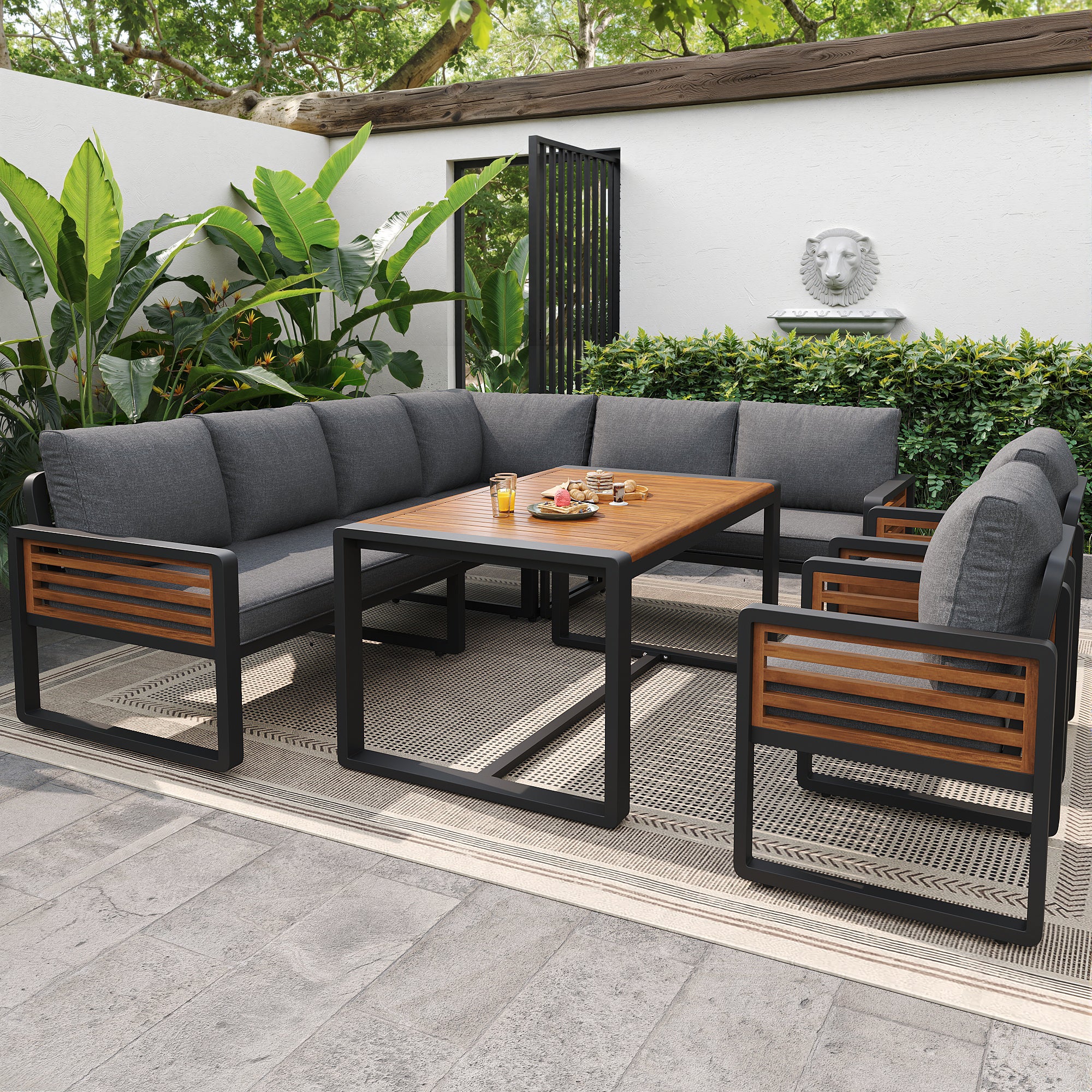 Garden Lounge Set for 8 People with Solid Wood Dining Table and Cushions, Grey