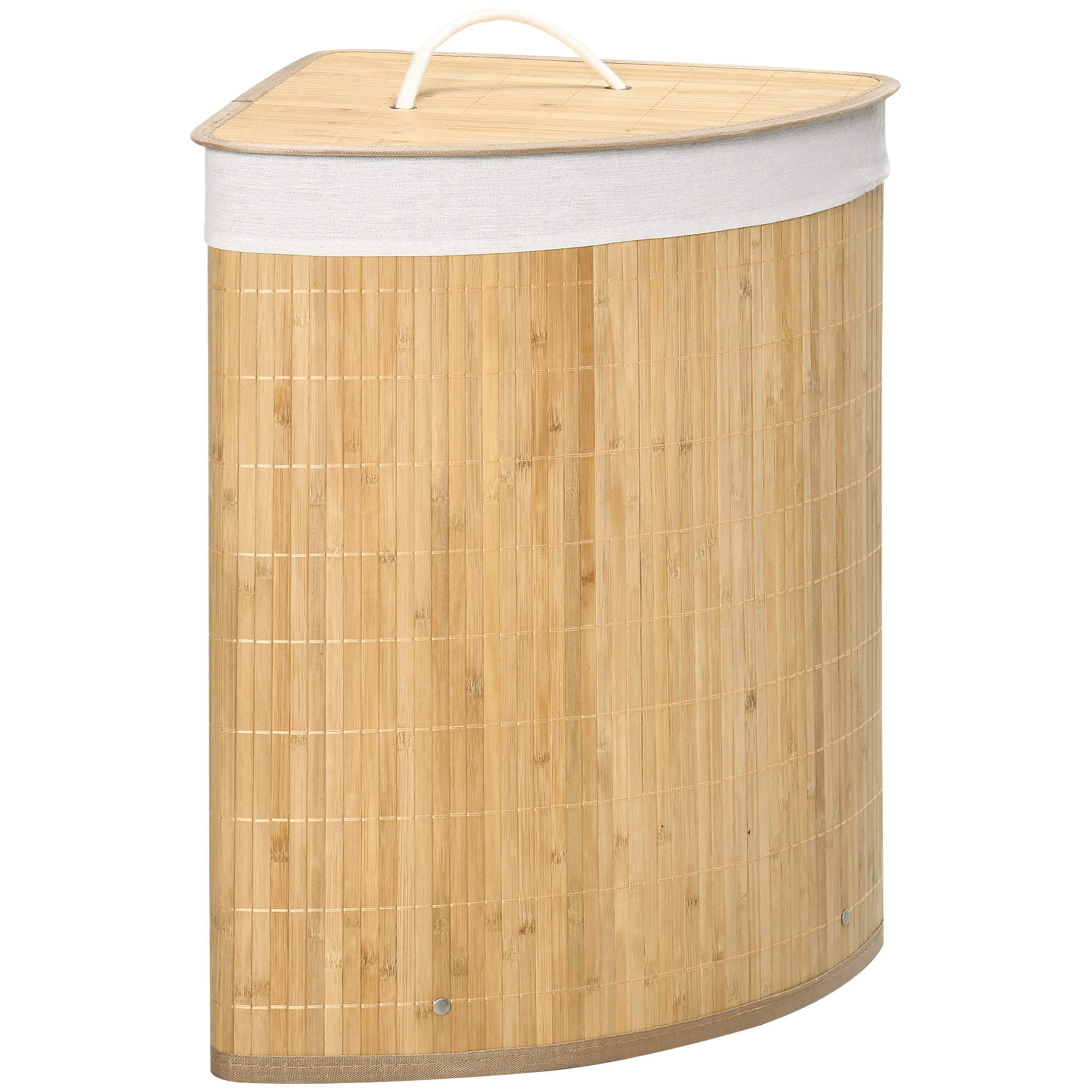 Bamboo Laundry Basket, Corner 55L with Lid, Natural Wood and White
