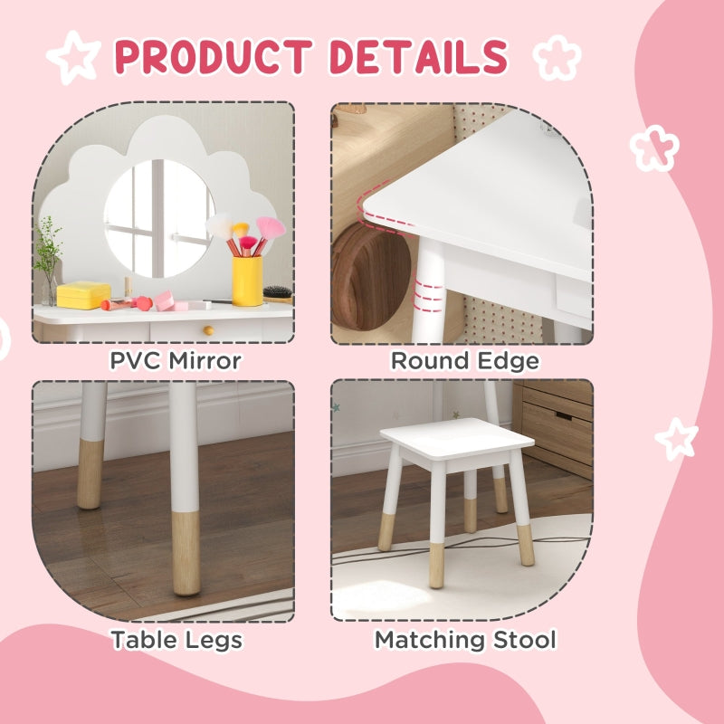 Kids Dressing Table with Mirror Stool Drawer Cloud Design, White MDF