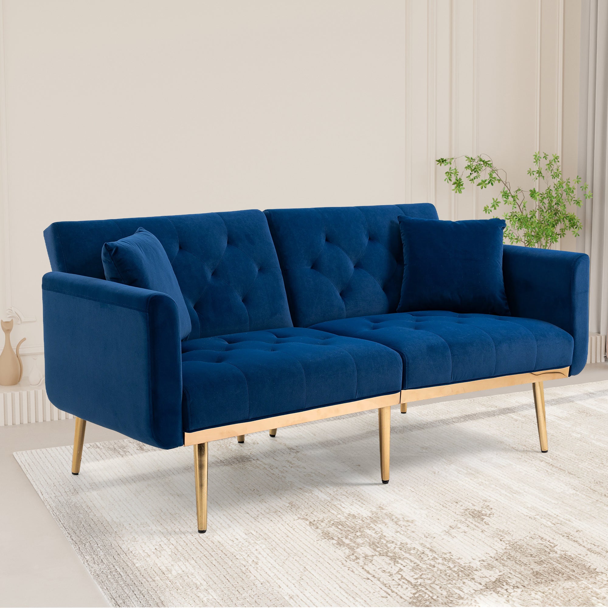GOMYWAY 2-Seater Sofa Bed, 3-Speed Adjustable Backrest, Velvet Upholstery Navy
