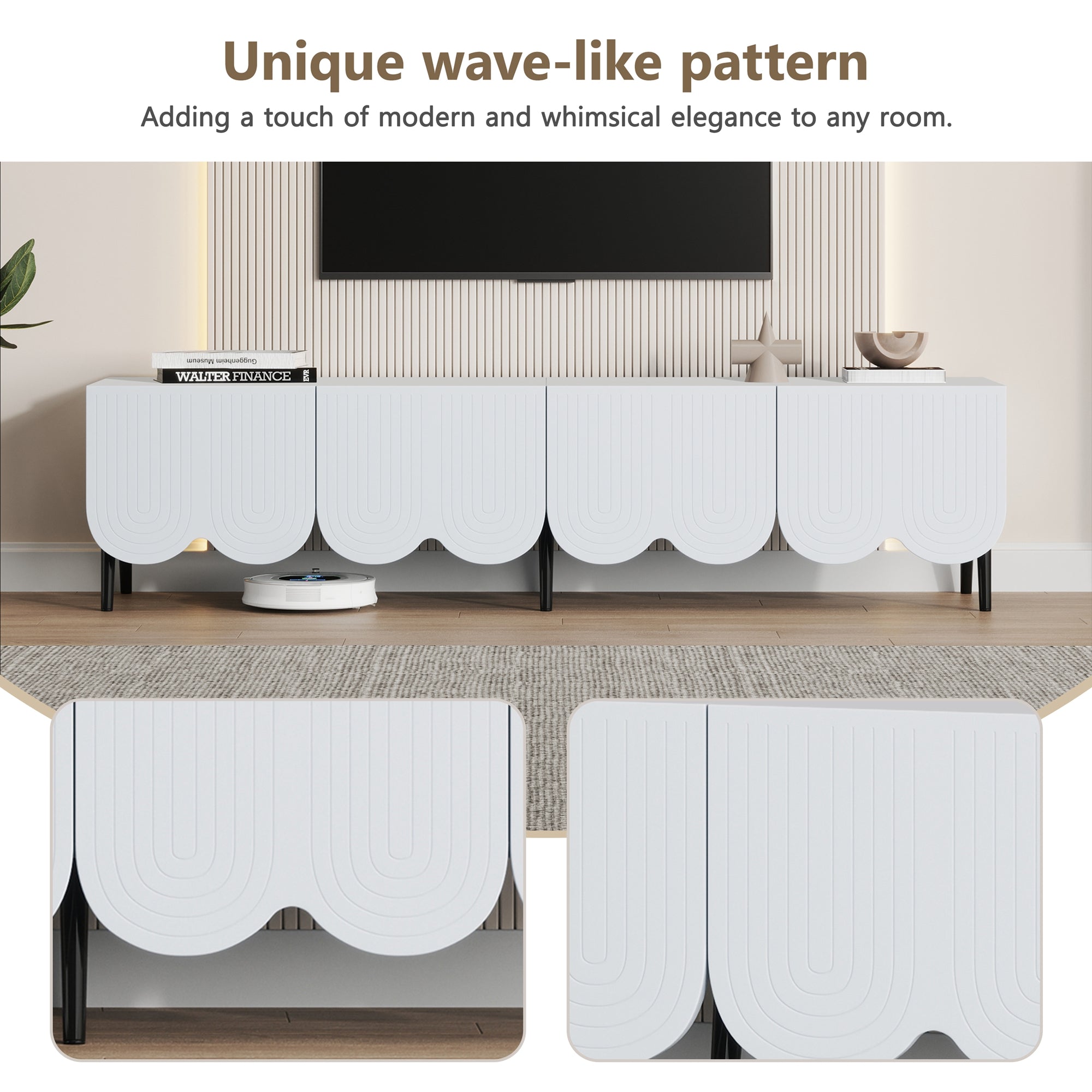Modern TV cabinet for TVs up to 80 inches with two doors and cable management in white