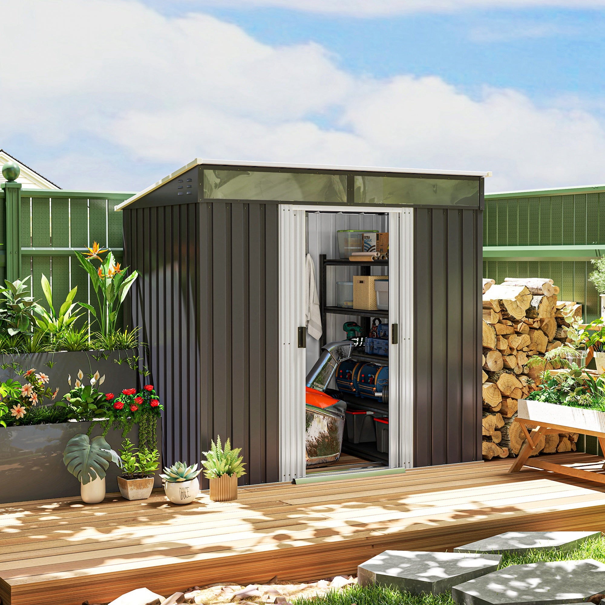 Galvanised Metal Shed with Foundation Kit, Lockable Tool Garden with Double Sliding Doors, Vents, Grey
