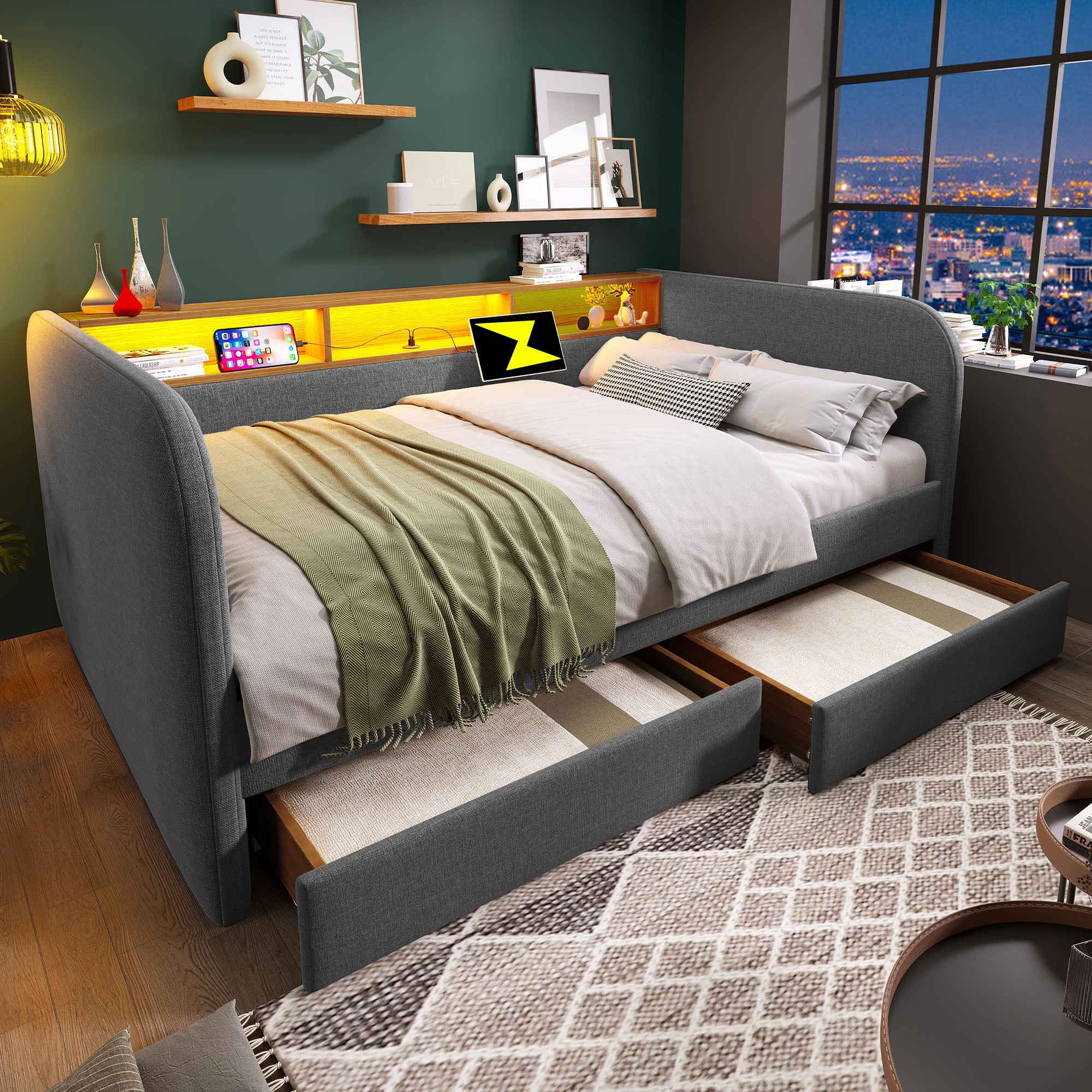 Upholstered Daybed, 140x190cm Sofa Bed with LED, USB-C & Storage, Grey Linen