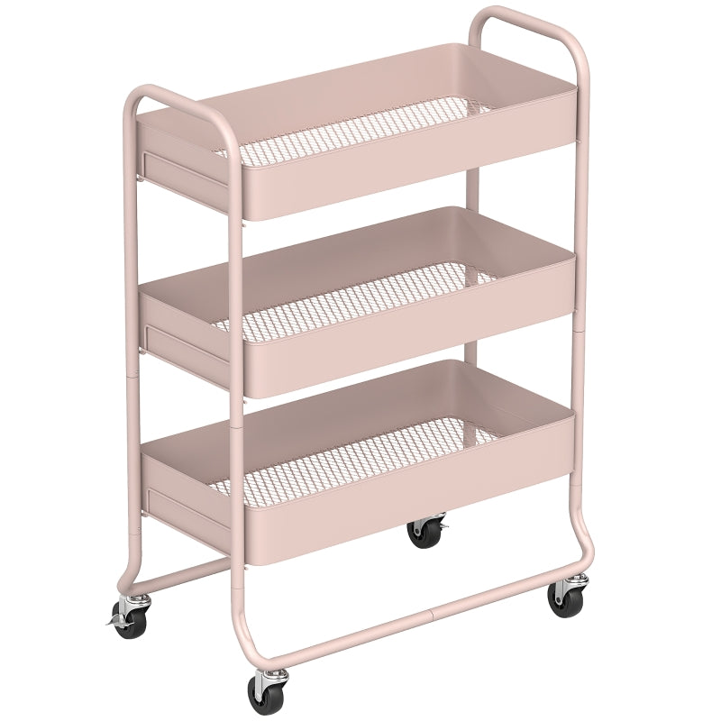 3-Tier Storage Trolley on Wheels Utility Cart Mesh Baskets Light Pink