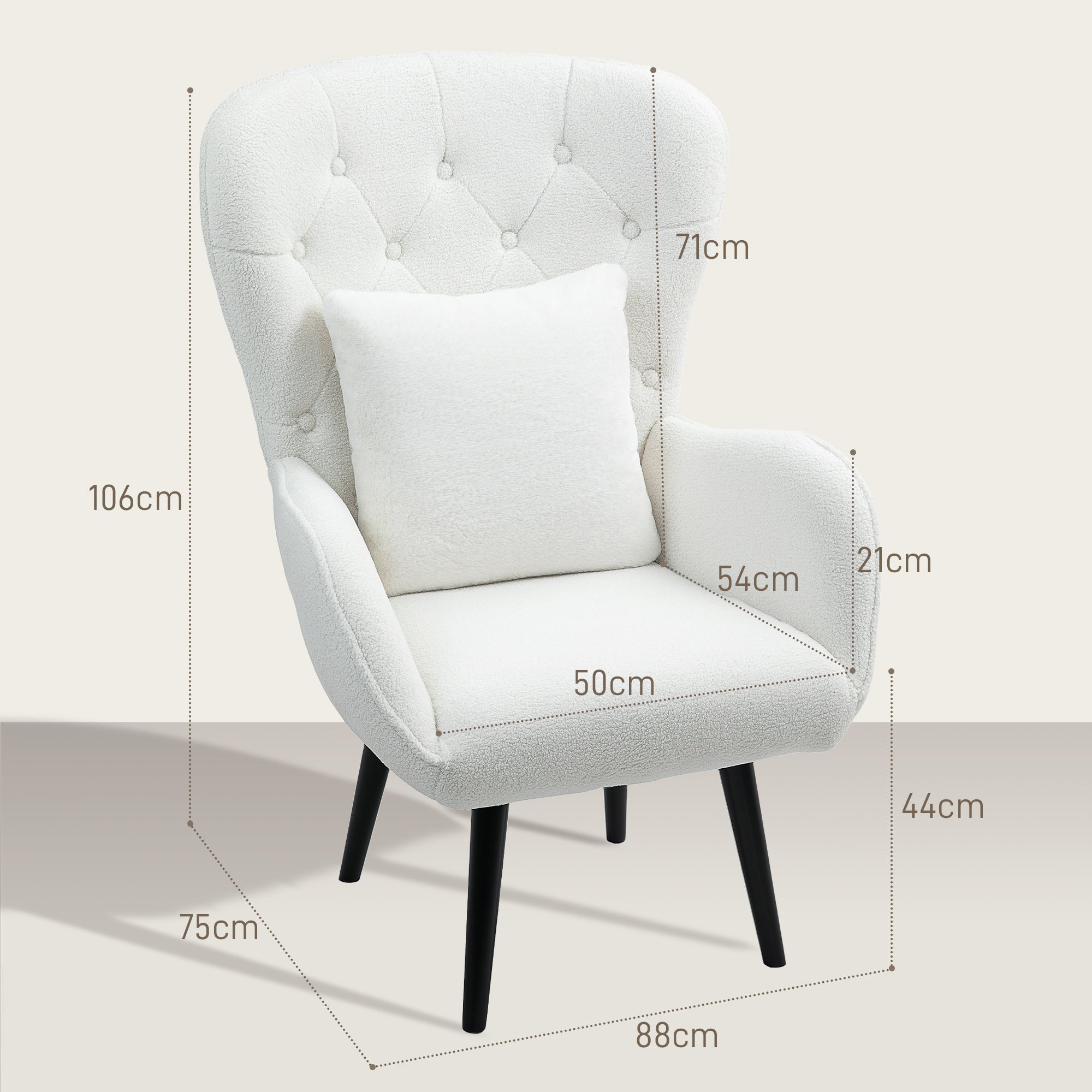 Armchair Lounge Chair, Padded Teddy with Lumbar Cushion, Wooden Legs, White