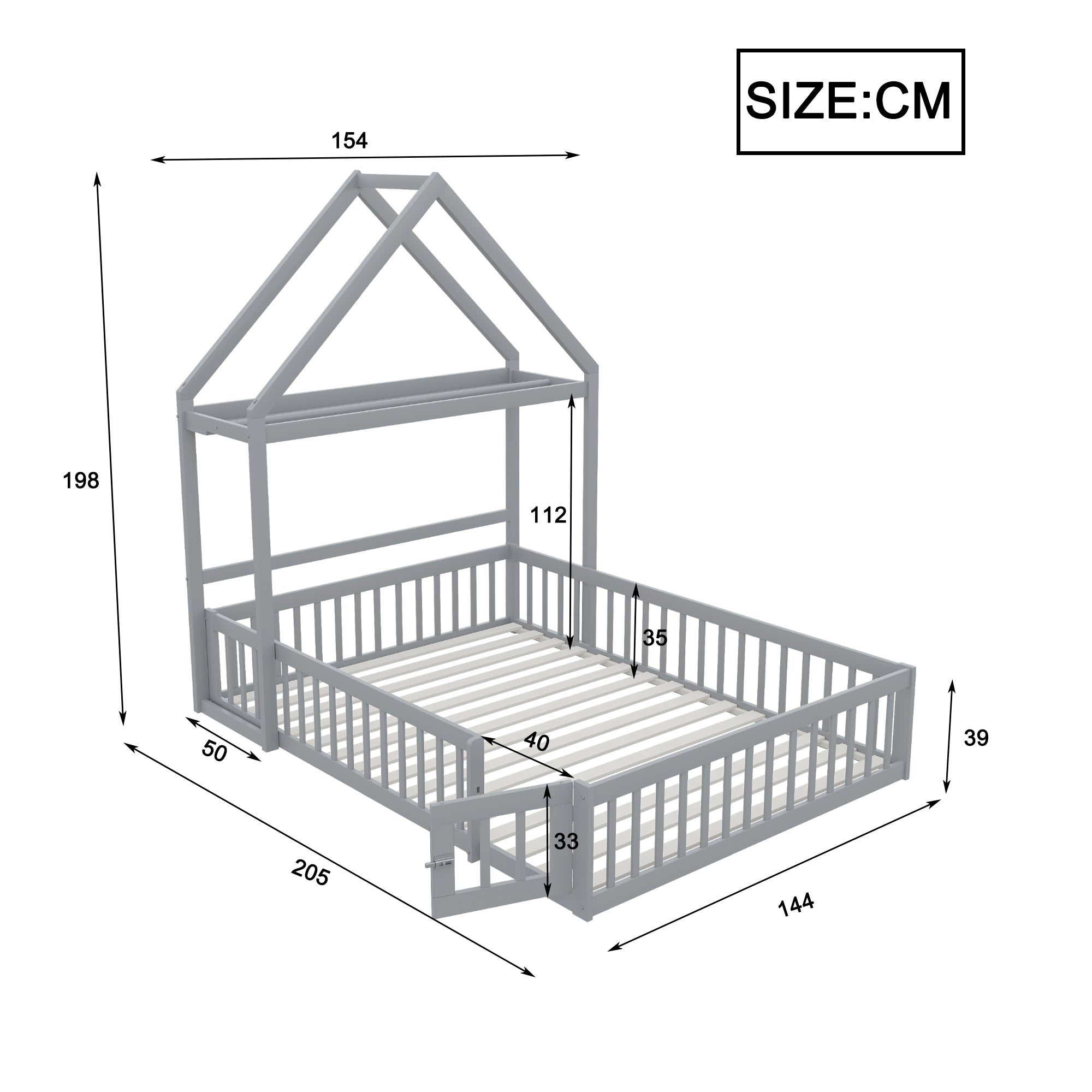 Children's Bed, 140x200 Solid Wood with Storage, Full Safety Gate & Slatted Frame, Grey