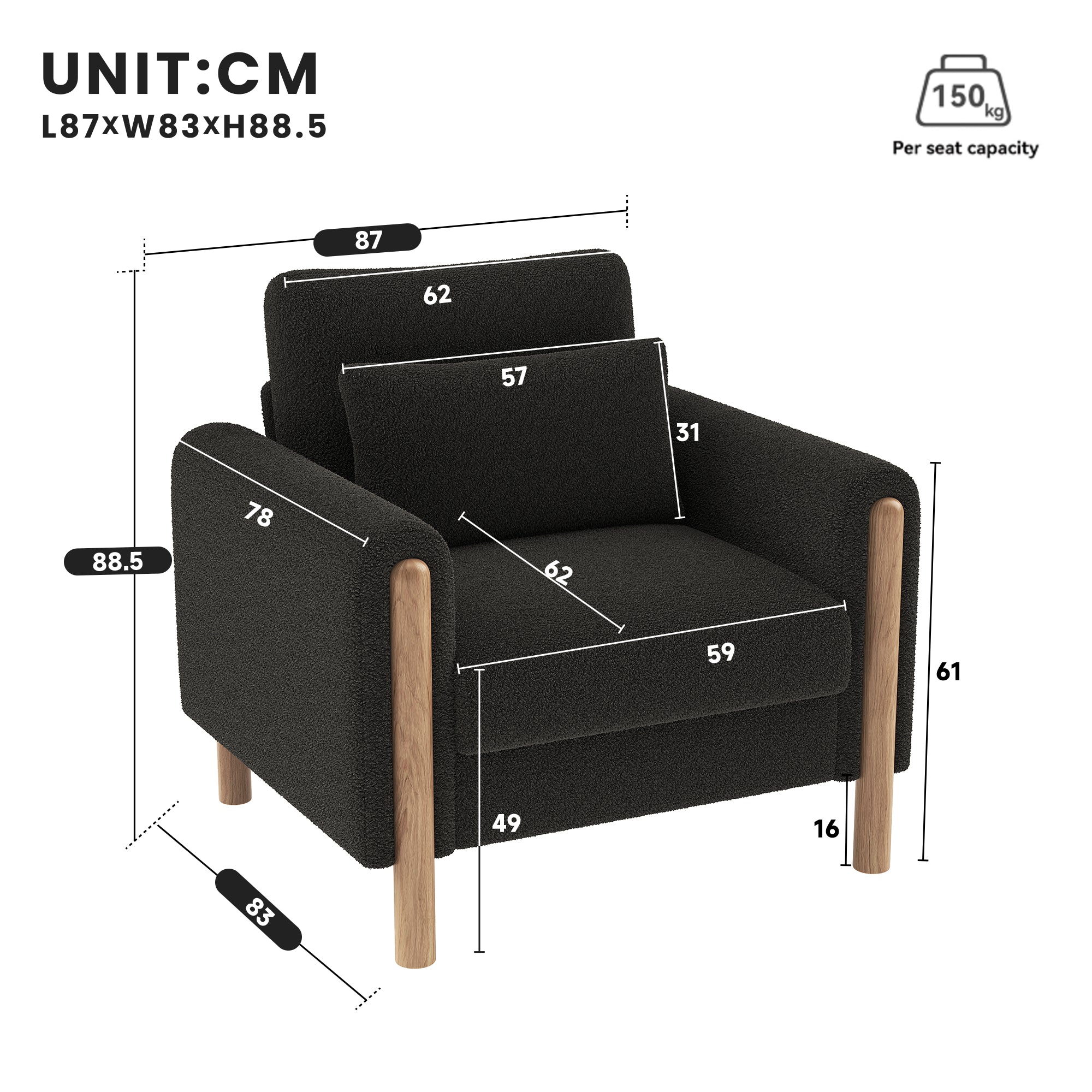 Modern Armchair, Thick Cushion Single Seater, Gray