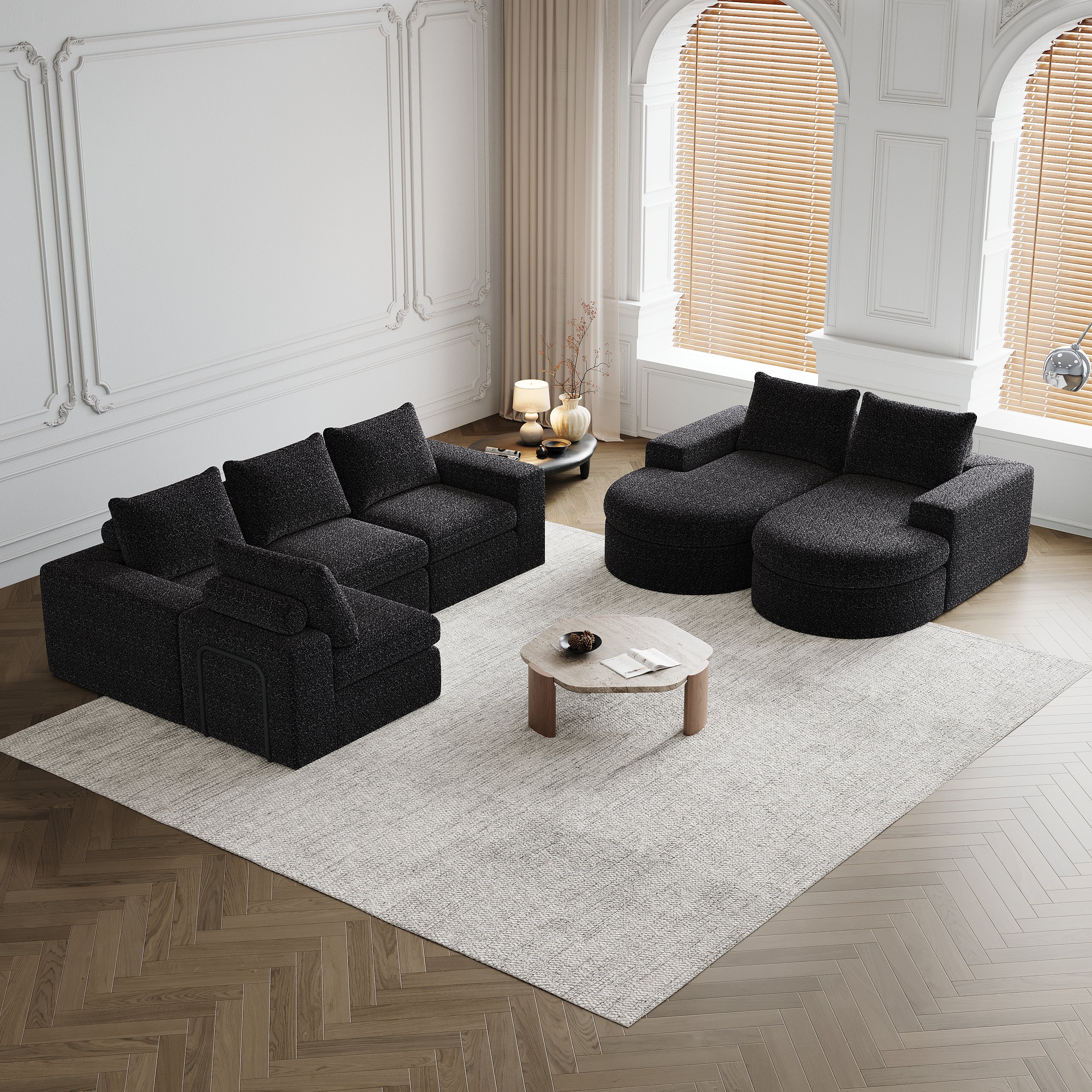 Chenille Sofa - Curved Elements, L-Lounger, Two-Piece Set