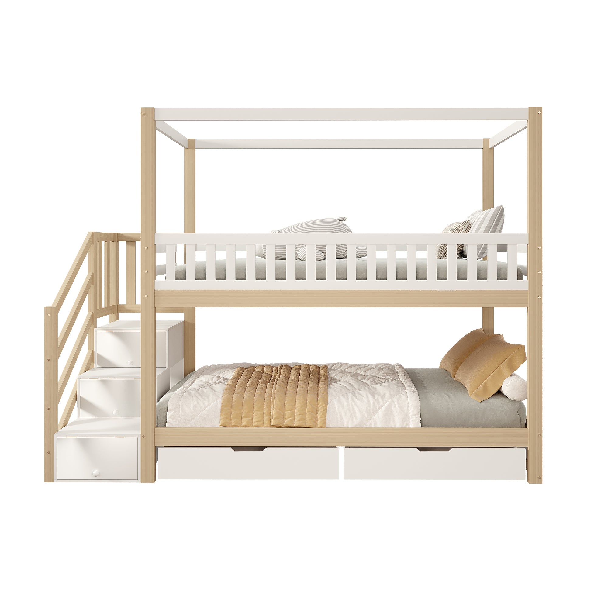 Bunk Bed, 90*200 cm House Shape, Safety Rail, Storage, and Ladder, Solid Wood White/Natural