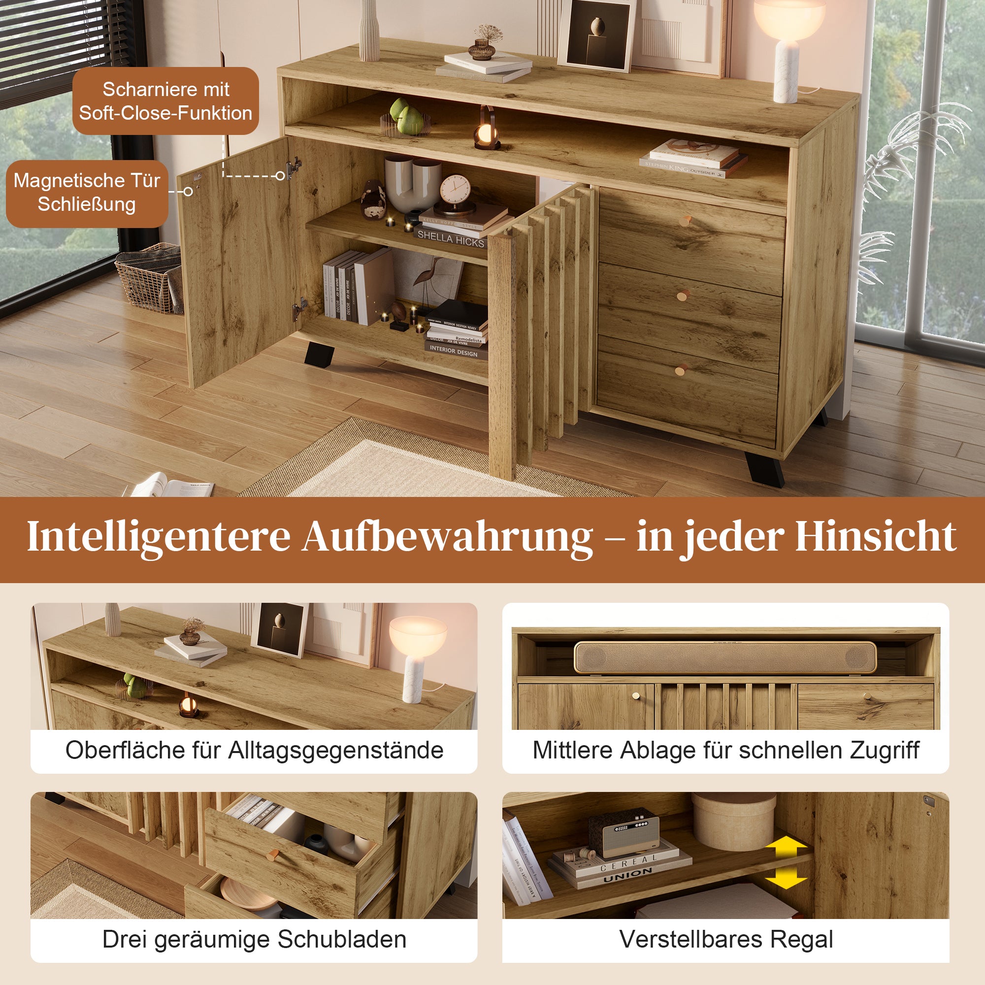 Vintage Sideboard Cabinet 3 Drawers 2 Doors Slatted Front 120cm - Dark Oak