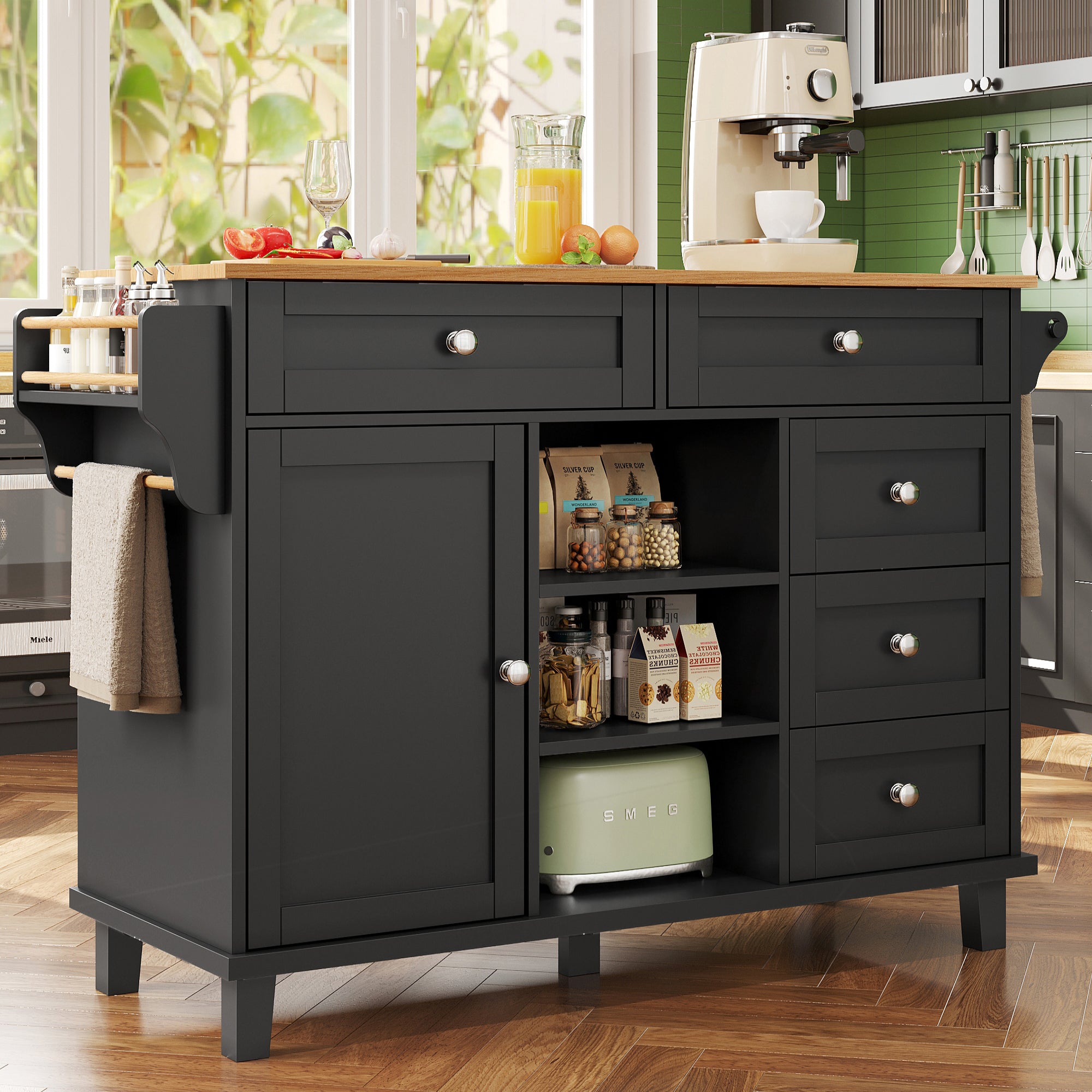 Dining Cart, Drawer Storage Mobile & Fixed Design, Black