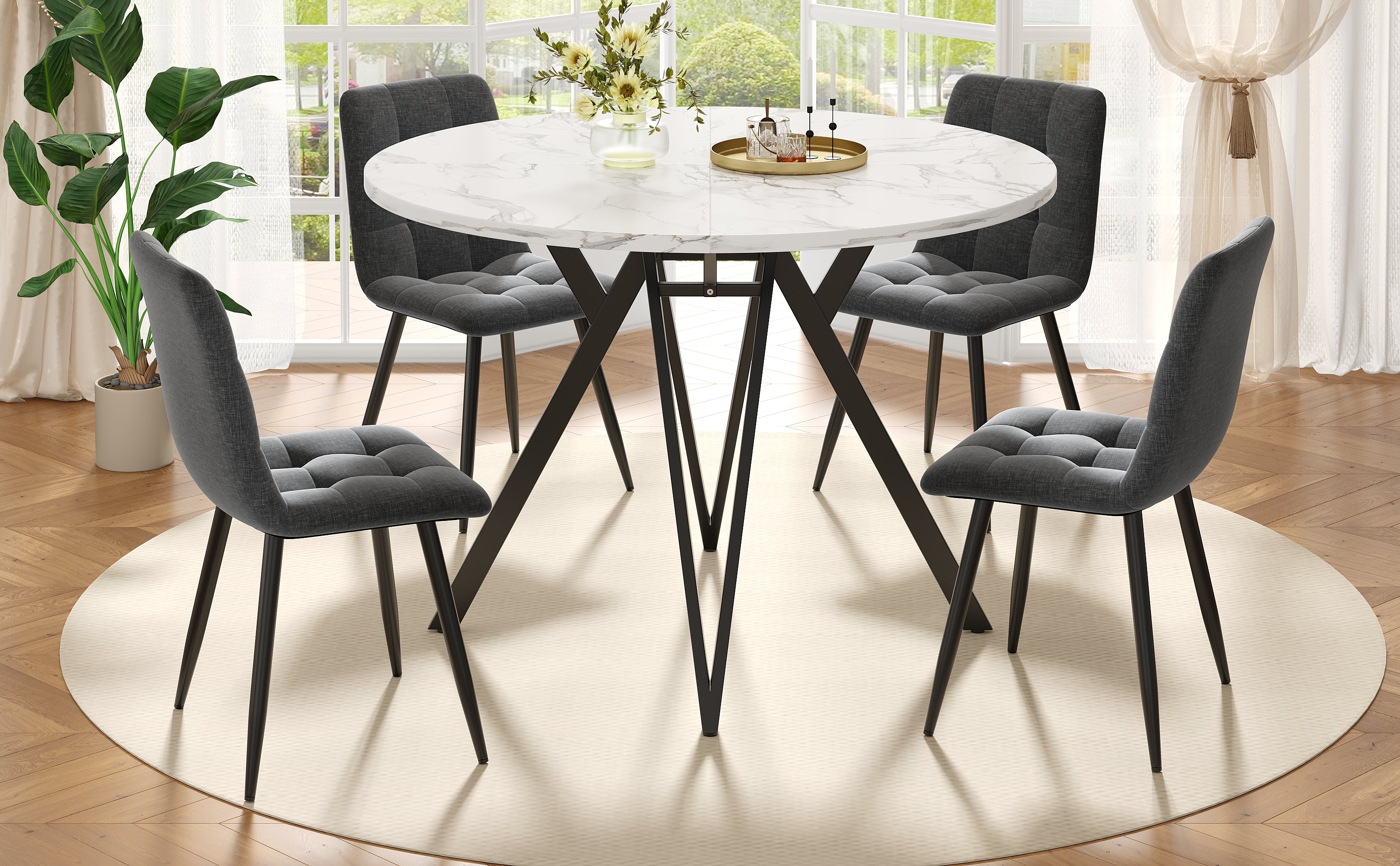 Dining Set 5-Piece Round 100cm Marble Top Black Metal Legs Grey Linen