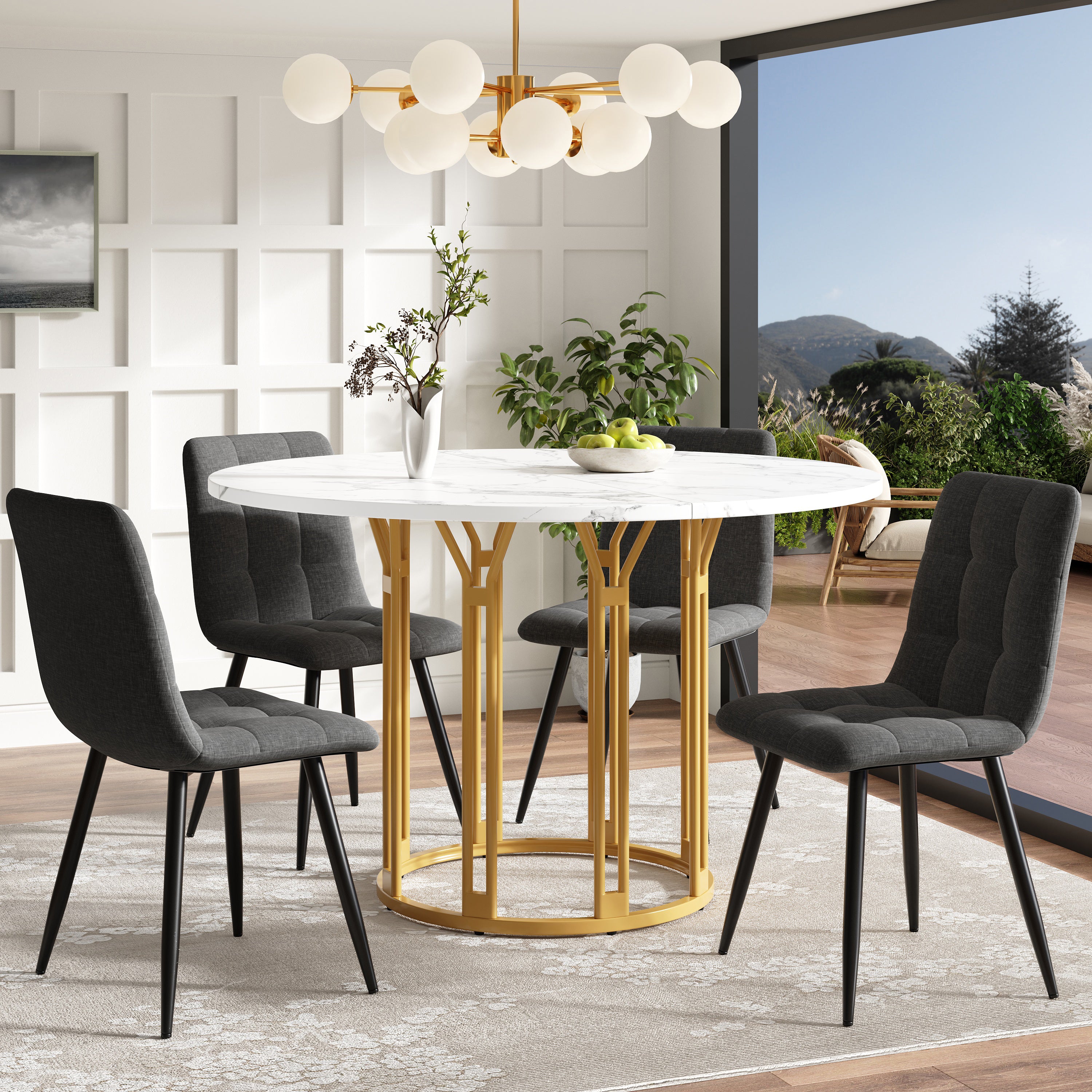 Round Dining Table Kitchen Breakfast Table Metal Legs Marble Pattern Gold/Black