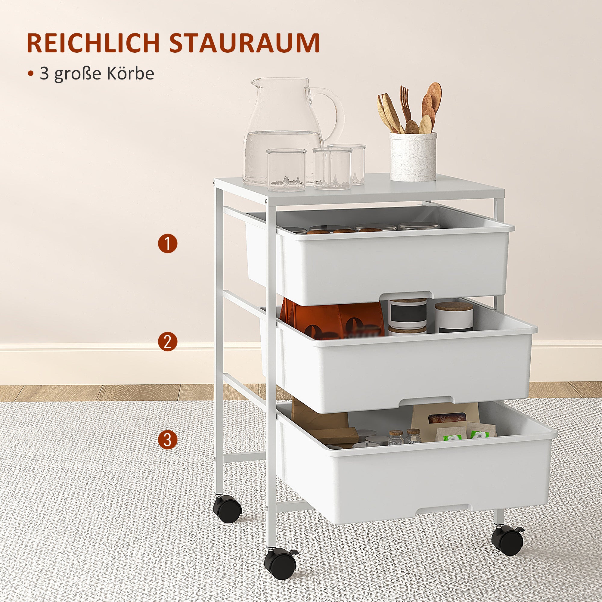Rolling Cart, 3 Tiers, Handles, Storage, White