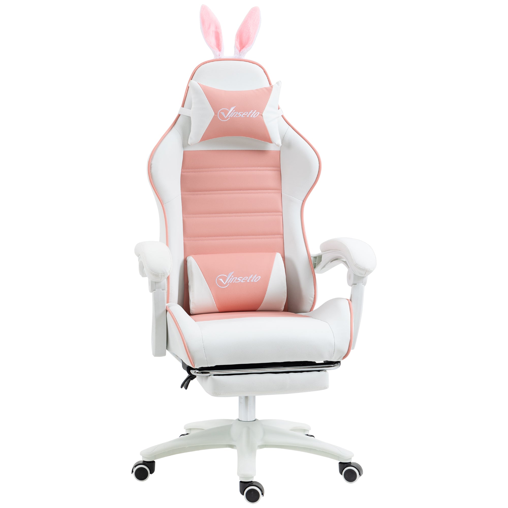 Racing Gaming Chair Reclining with Rabbit Ears Footrest Pink PU Leather