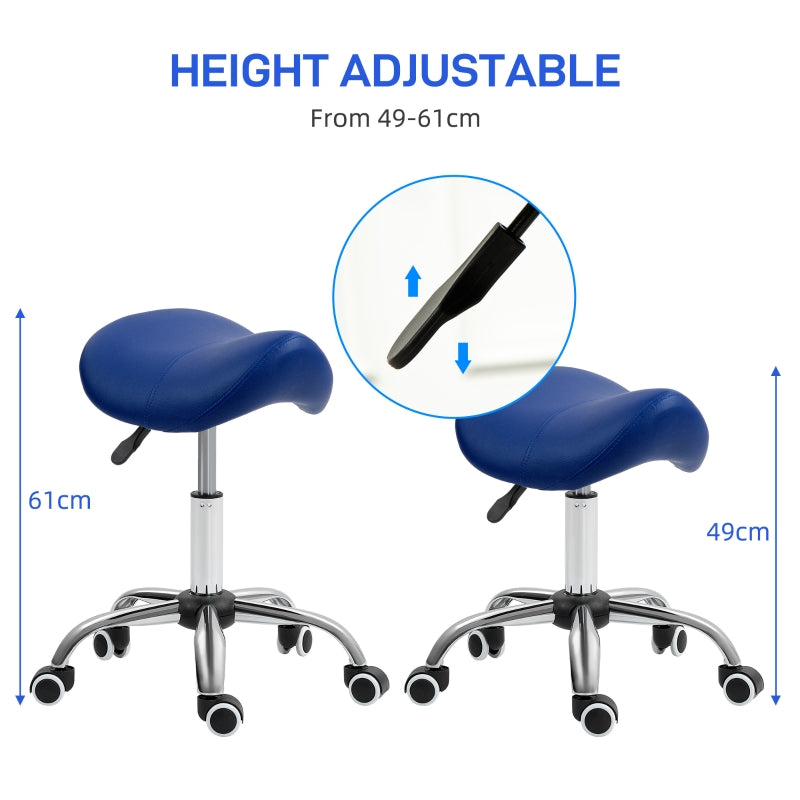 Saddle Stool, Height Adjustable Salon Chair for Massage Spa, Dark Blue Faux Leather
