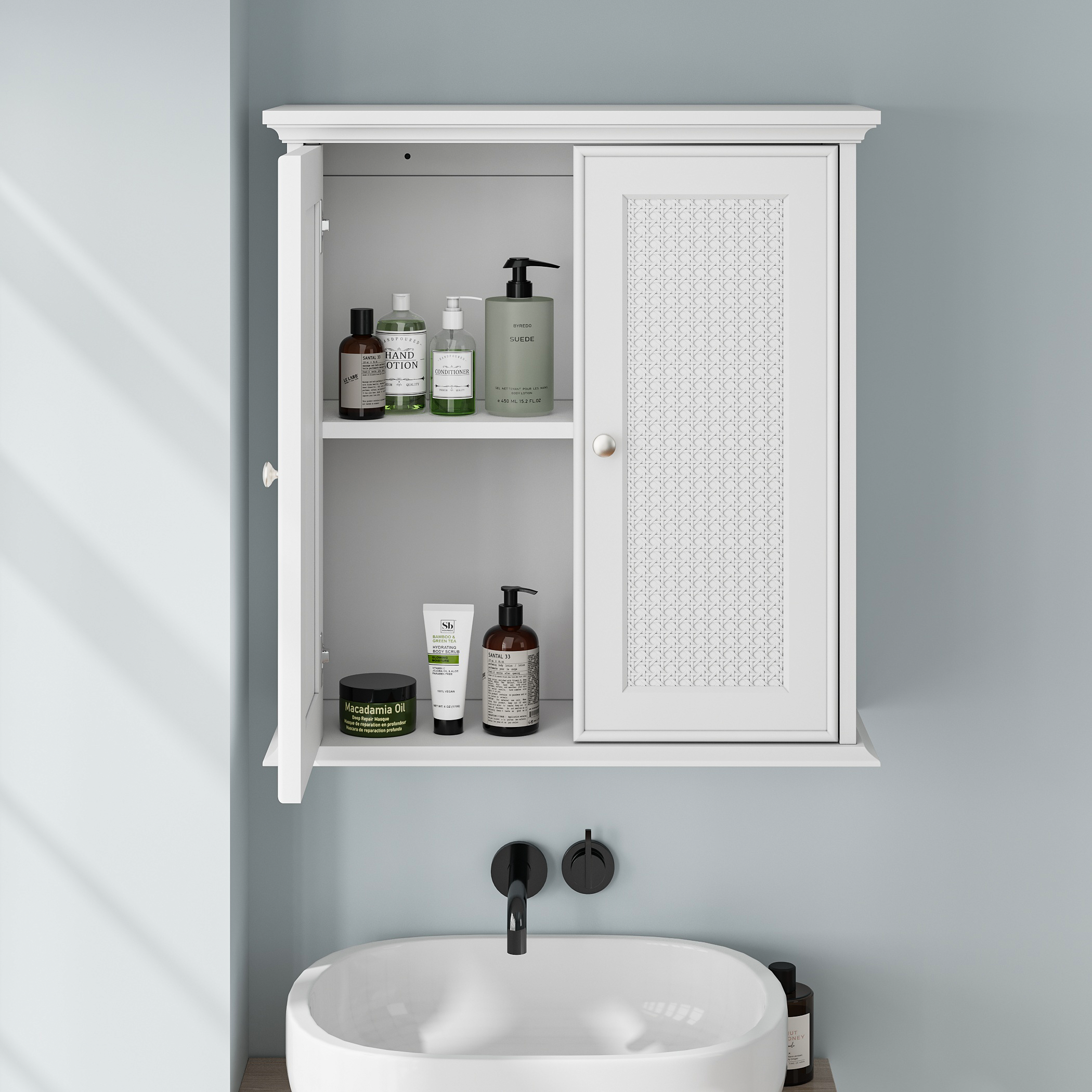 Bathroom Cabinet, Wall-Mounted with Basket Doors & Adjustable Shelves, White