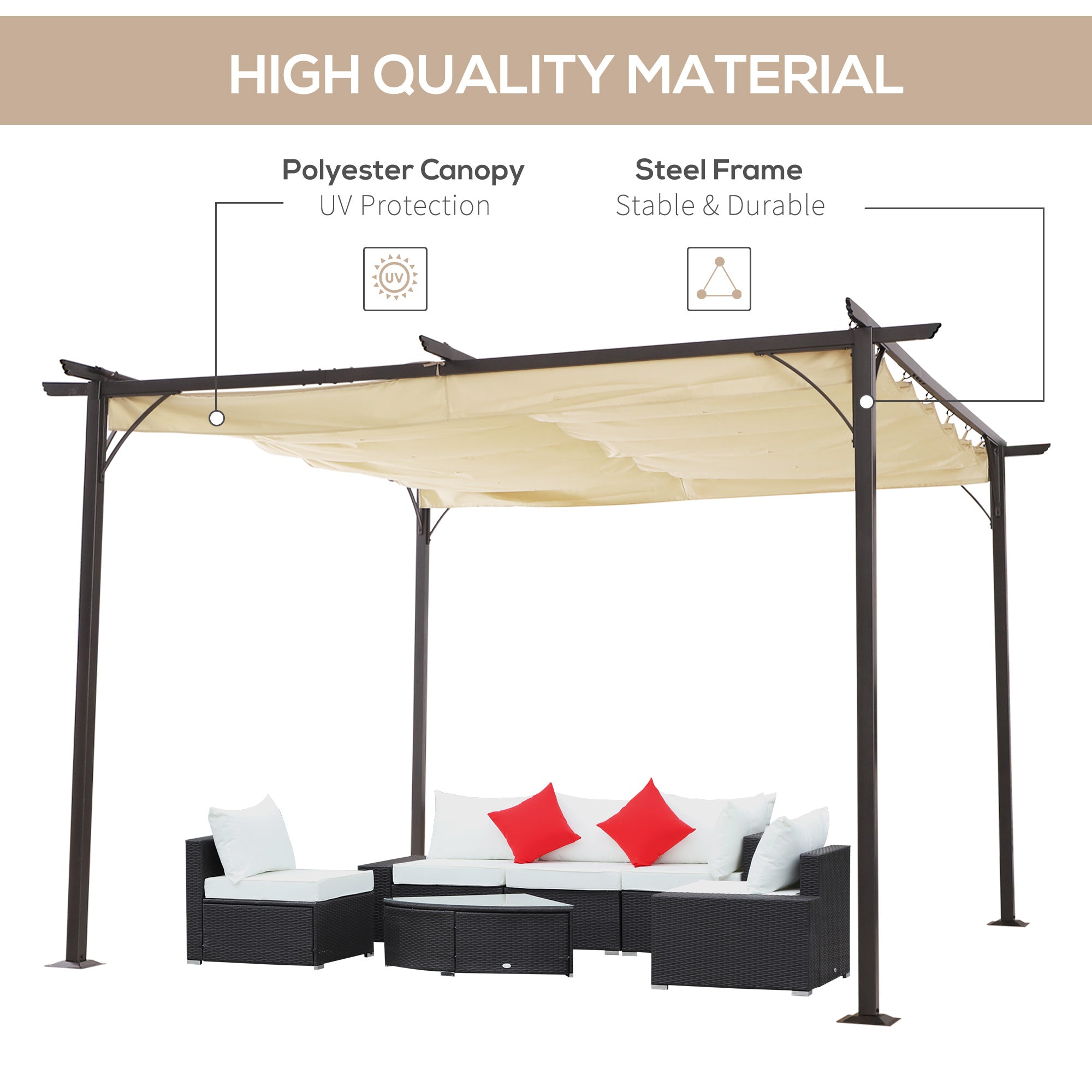 Metal Pergola Gazebo Awning, 3.5m Retractable Canopy Outdoor Sun Shade, Beige