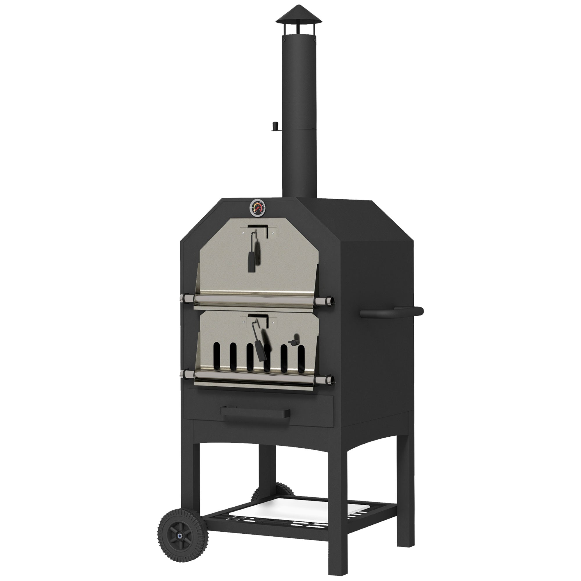 Outdoor Pizza Oven & BBQ Grill, 3-Tier Charcoal Steel, Black
