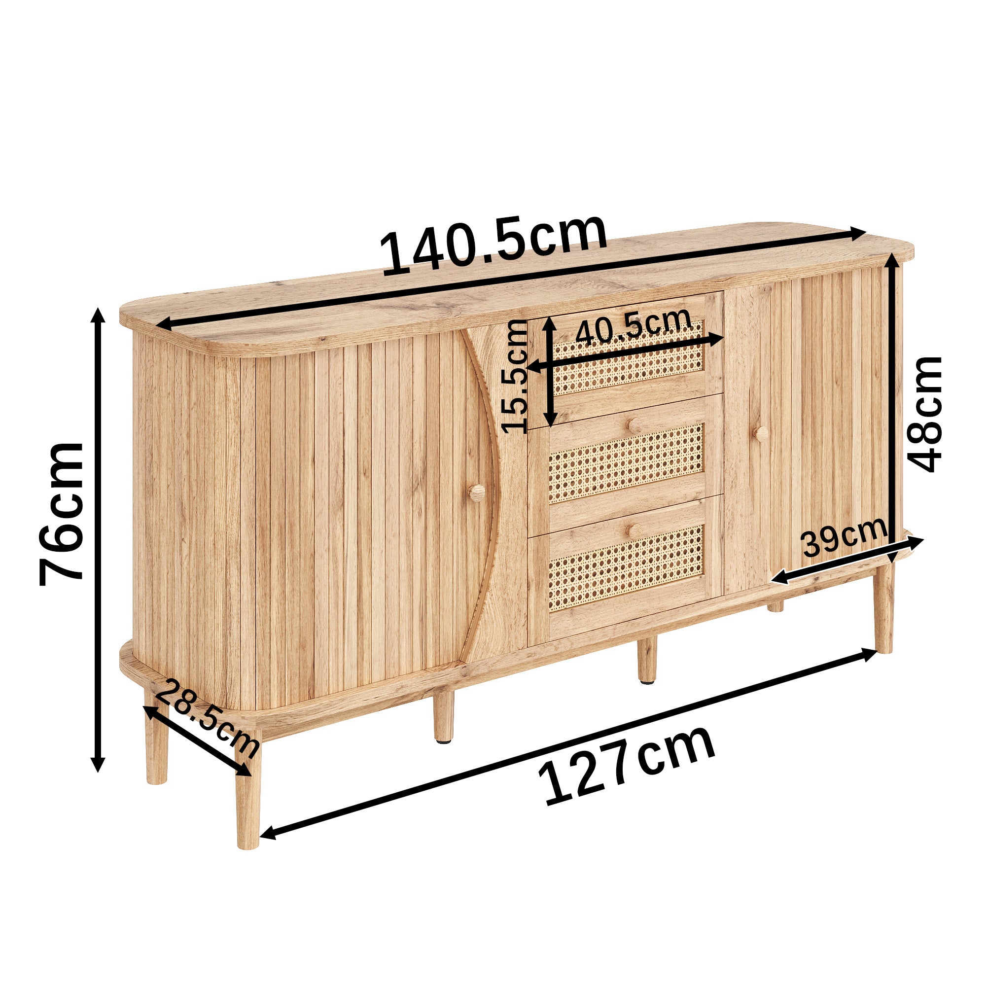 Sideboard Rattan Sliding Door Chest, Adjustable Shelves Rounded Top