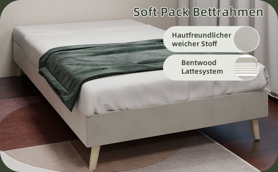 Modern Minimalist Bed Frame, 90x200 cm Low-Profile Base, Beige Dutch Velvet