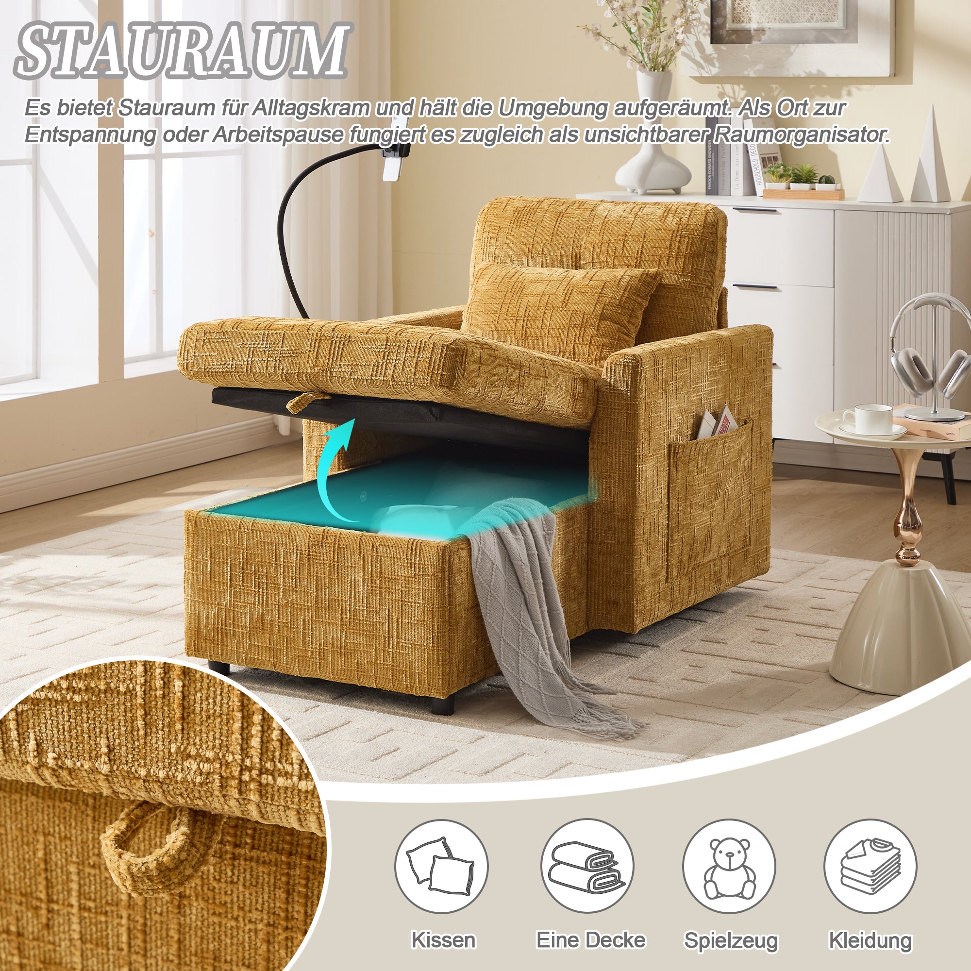 Reclining Sofa Lounge Chair, Multifunctional with Phone Holder, Chenille Fabric