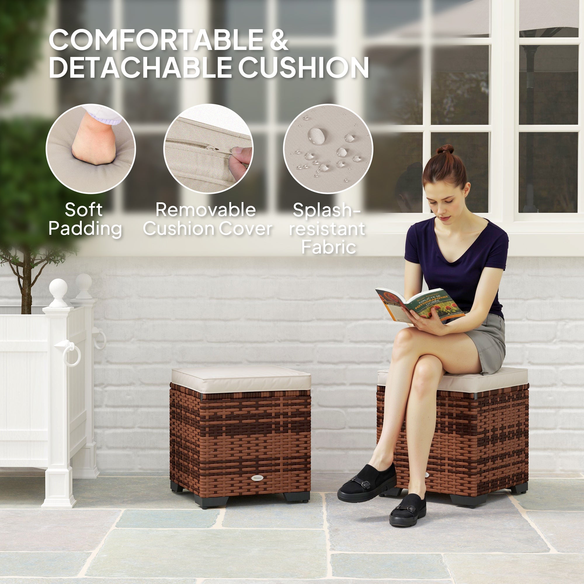 Set of 2 Rattan Storage Ottoman, Footstool w/ Removable Cushions, Beige