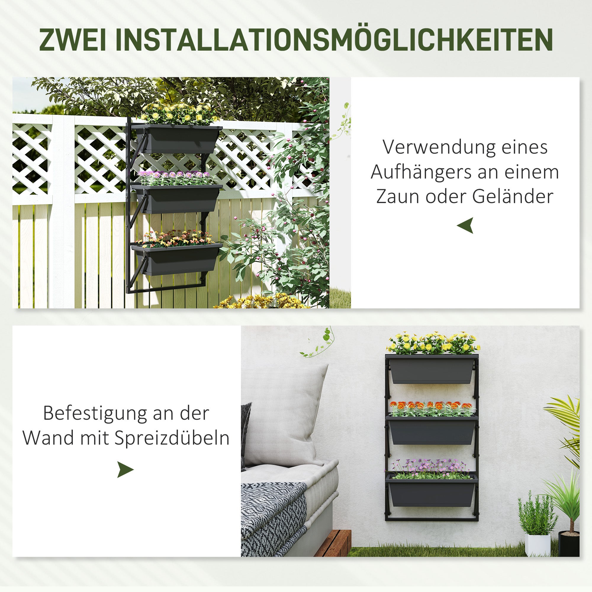 Flower Pots, Set of 3 with Holes, Square Plant Pots, Plastic, Dark Grey