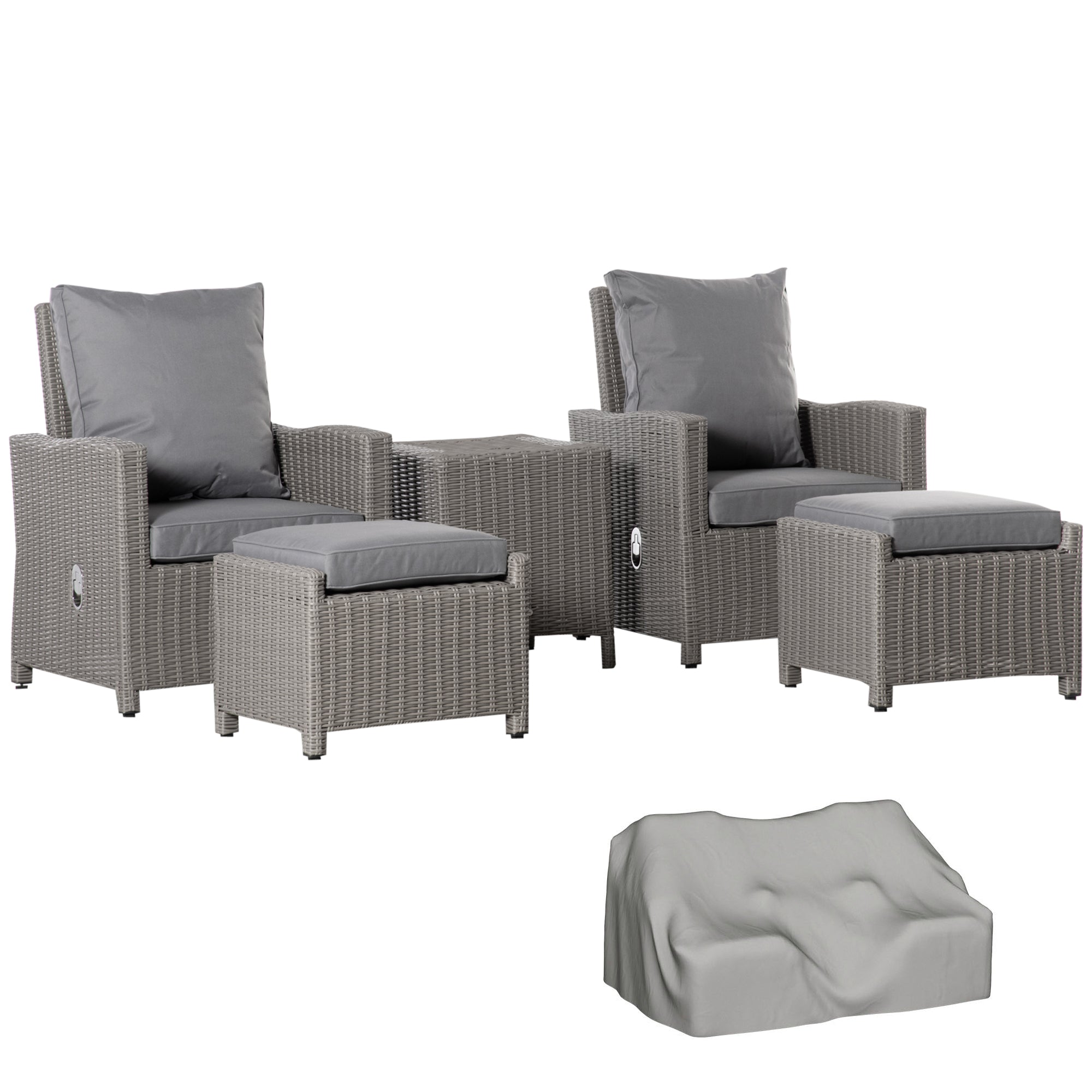 5 Pieces Outdoor Garden Furniture Set, Adjustable Reclining Chairs, Footstools, Cooler Bar Table, Cover, Grey PE Rattan