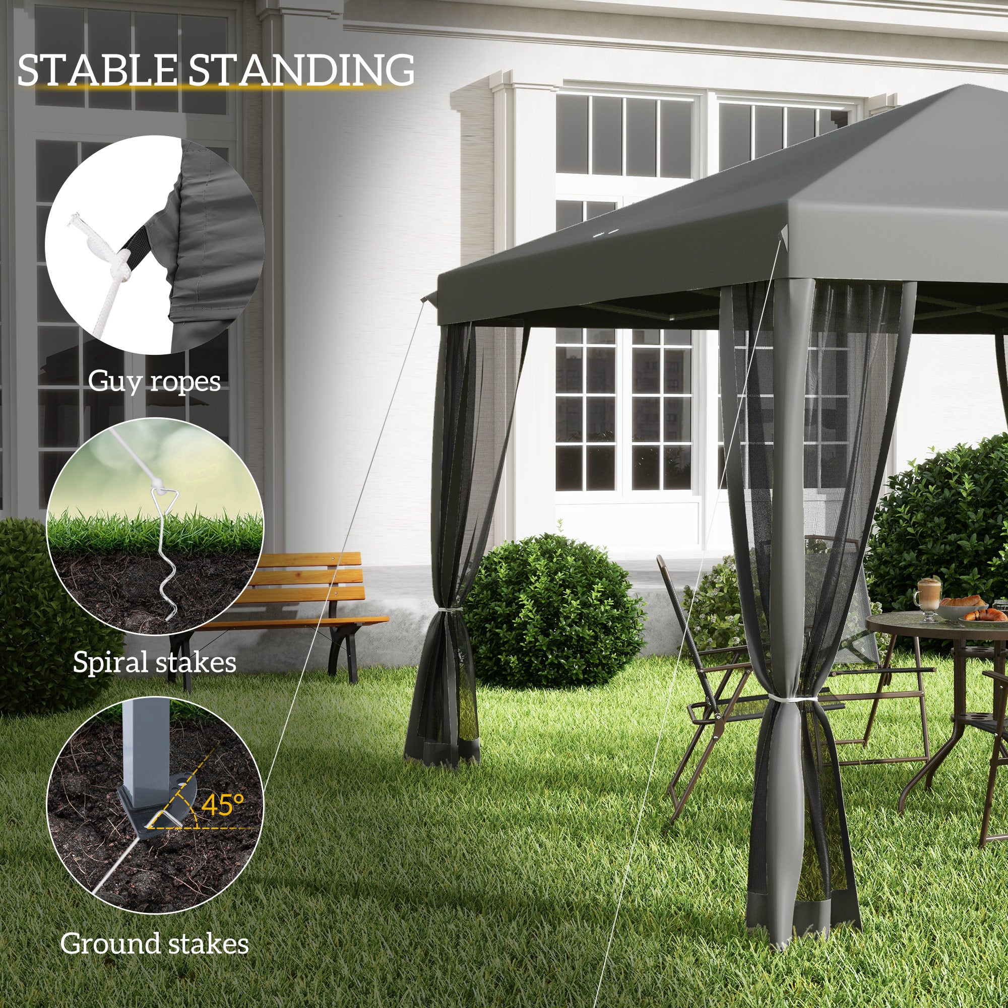 3 x 3 m Pop Up Gazebo, Removable Mesh Sidewall Netting, Light Grey