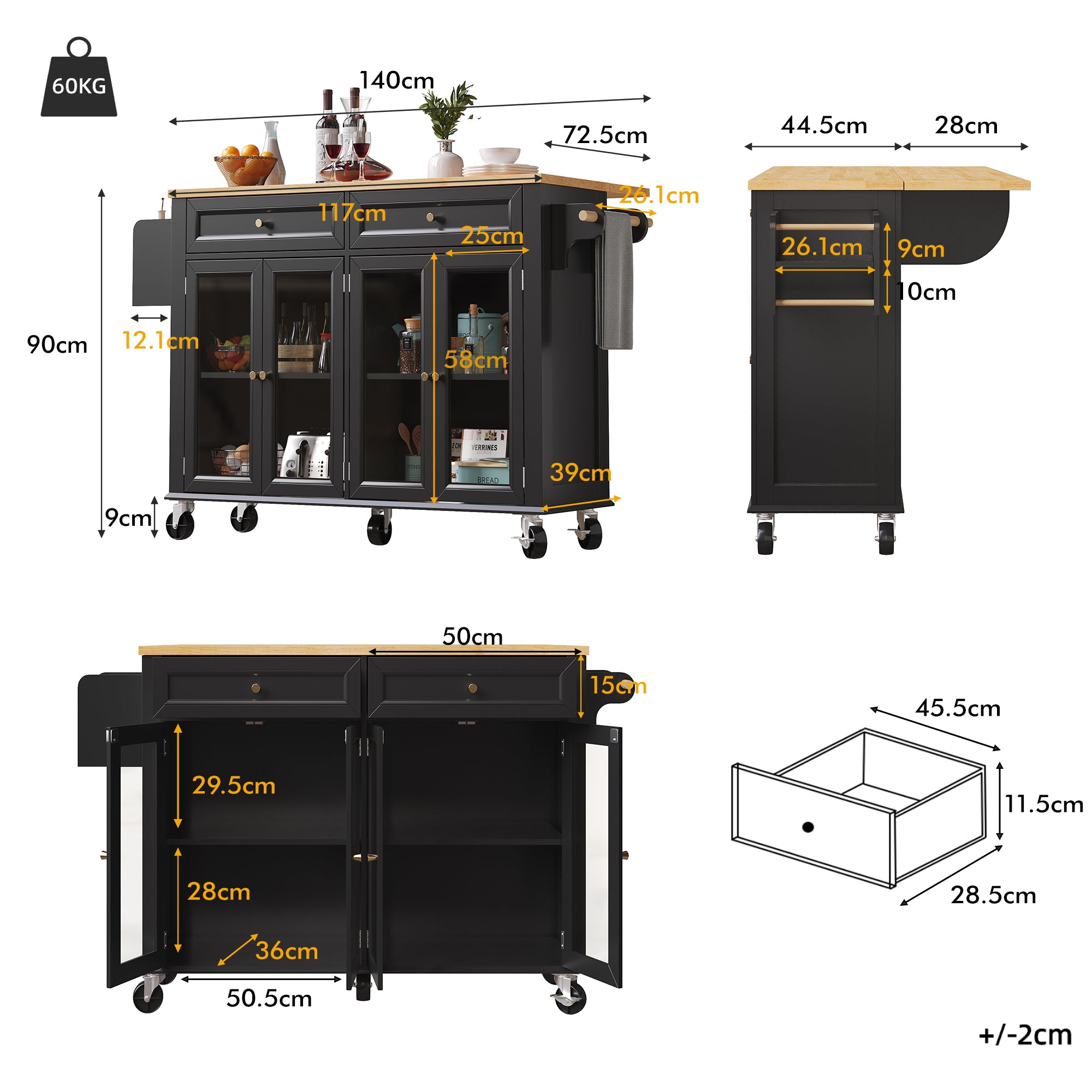 Kitchen Island Serving Trolley Mobile with Wheels Glass Doors Storage Black