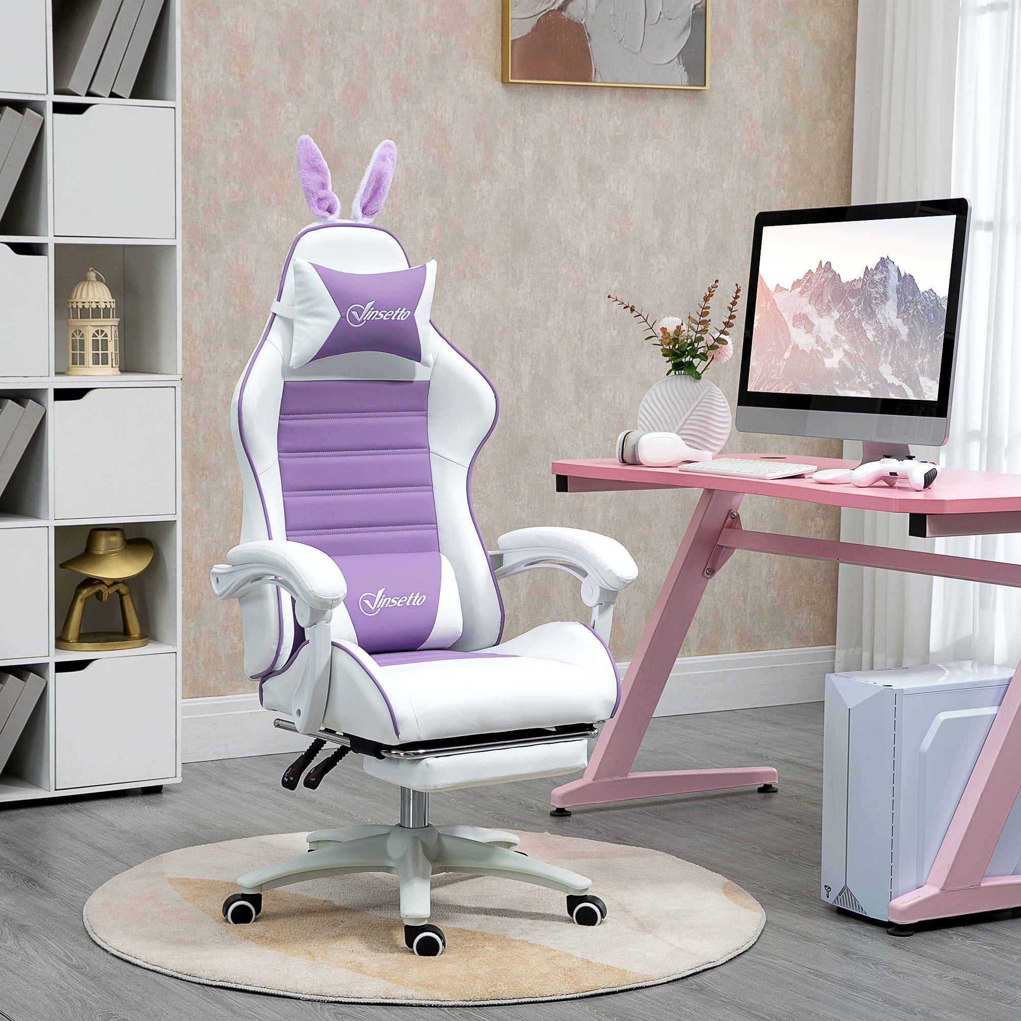 Racing Gaming Chair, Reclining with Removable Rabbit Ears, Footrest, and Headrest, PU Leather, Purple