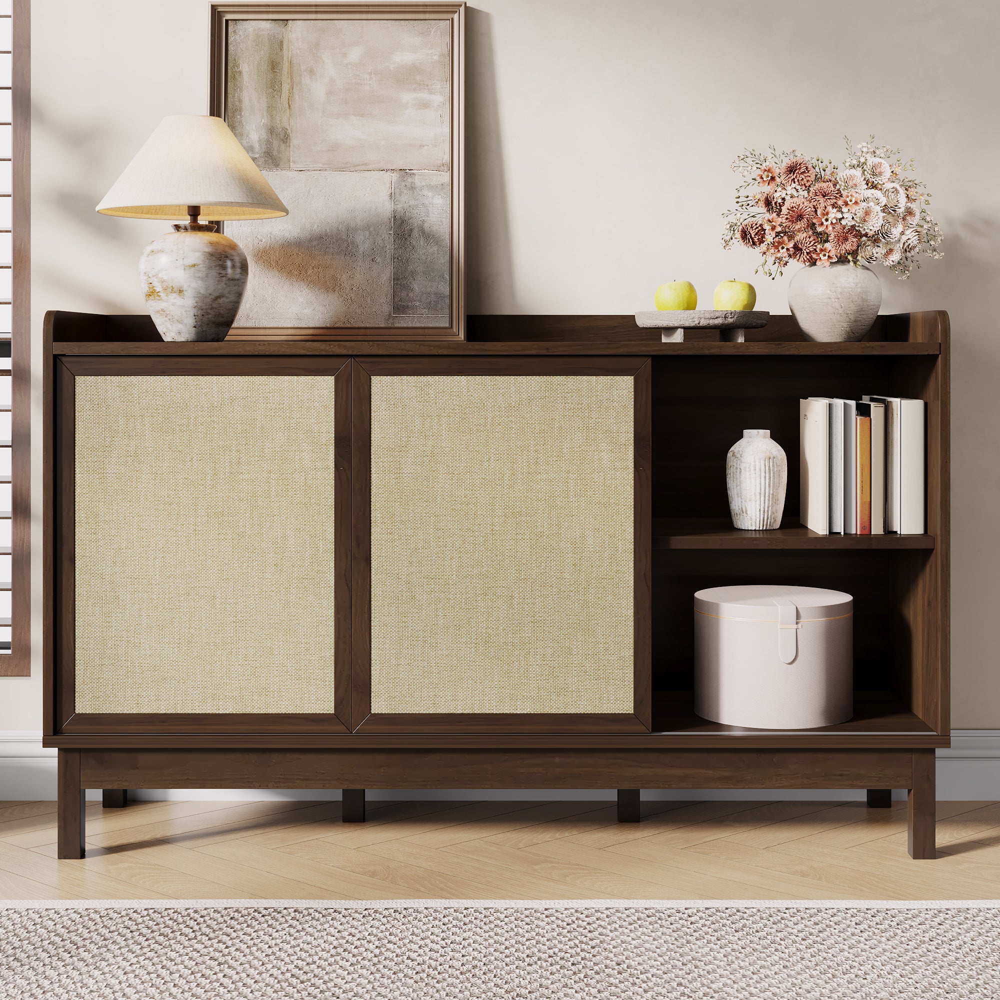 Sideboard Sliding Doors Double Drawers Multifunctional Storage