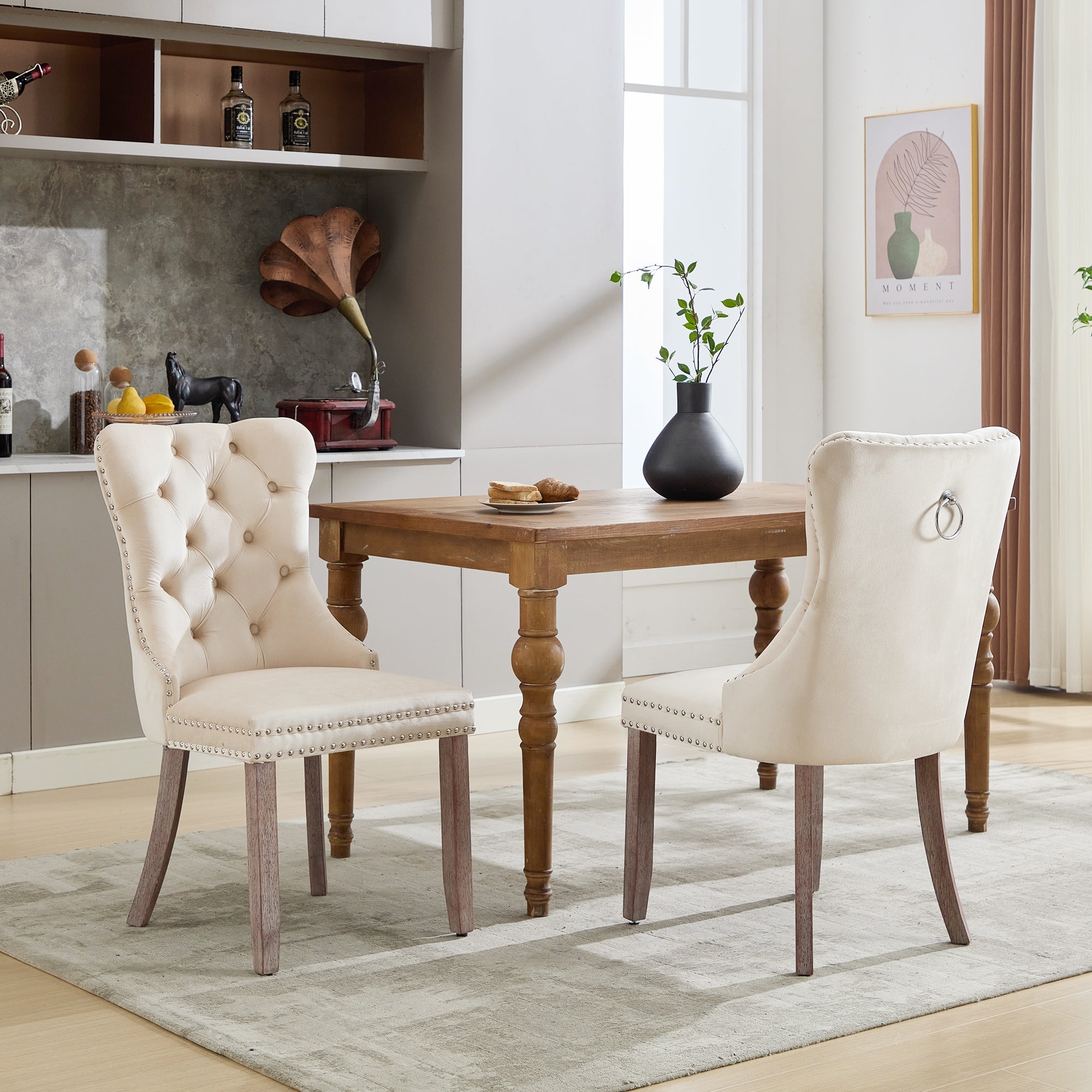Modern Set of 6 Upholstered Velvet Dining Chairs, Button Tufted with Brushed Wood Legs, Riveted Trim, and Knocker Ring, Beige