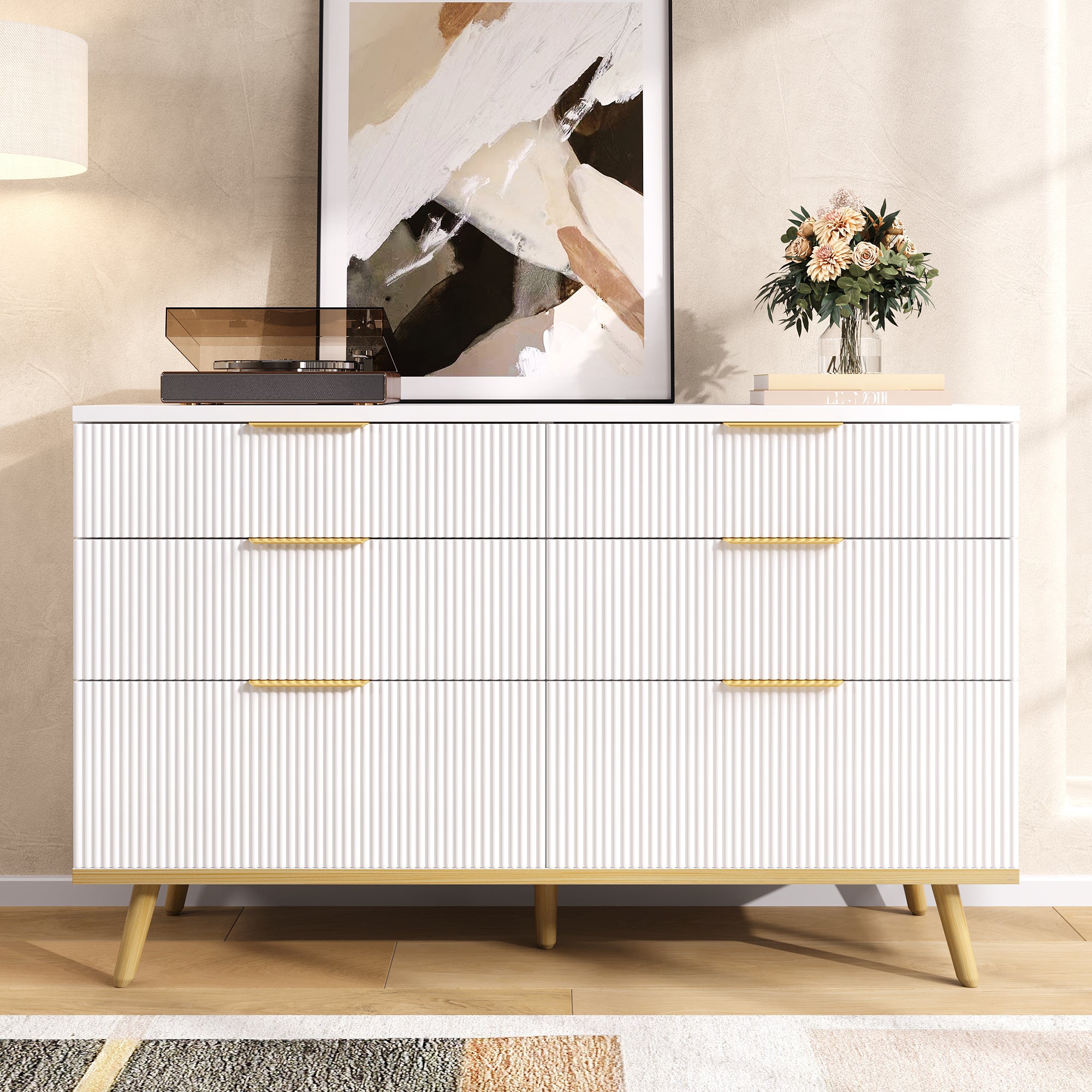 Modern 6-Drawer Chest of Drawers with Wood-Look Feet, White Particleboard