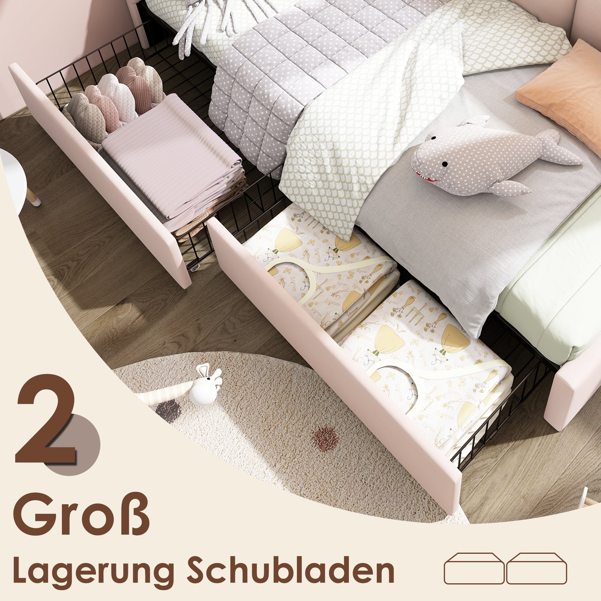 Upholstered Bed, Single with Drawers & Slatted Frame, Velvet Pink