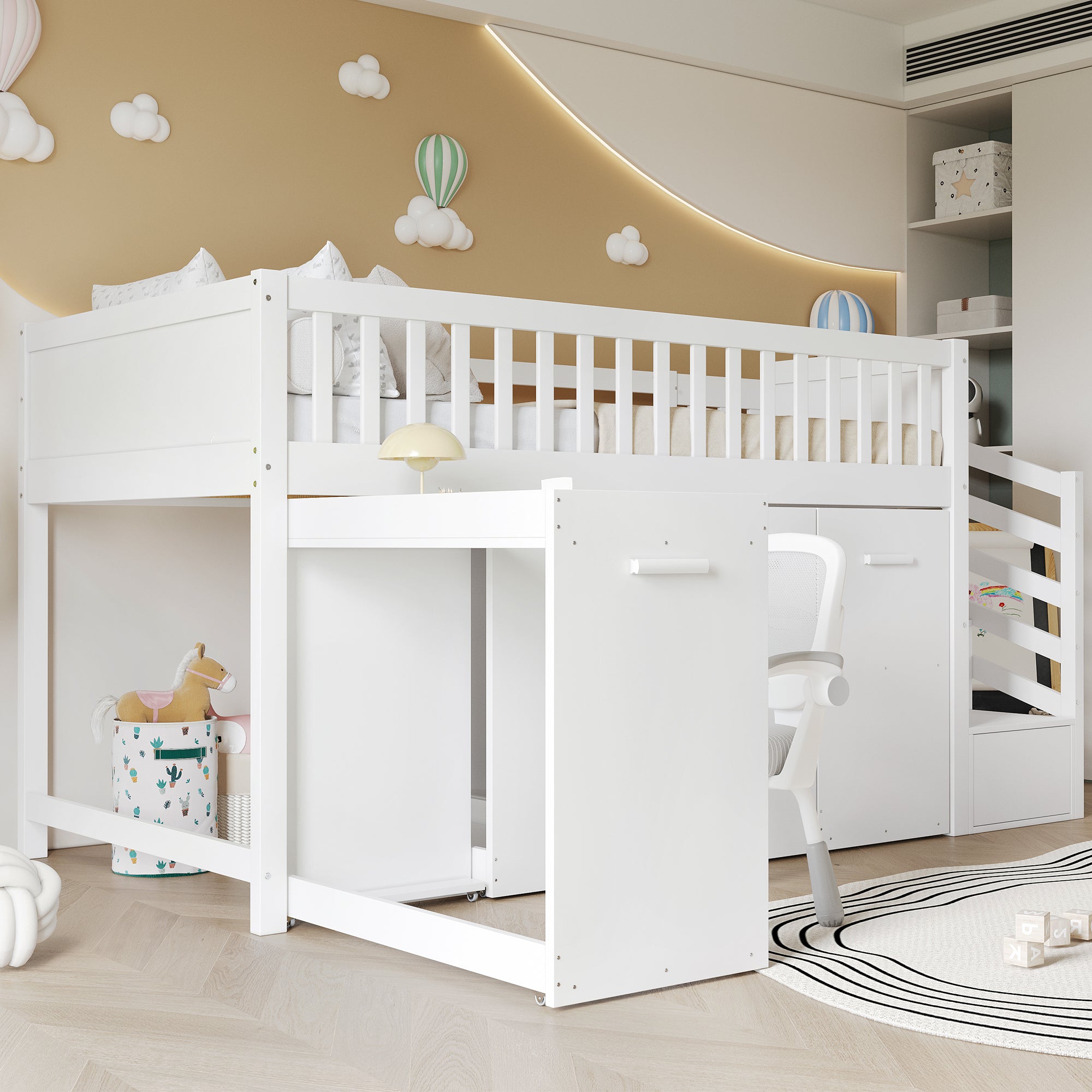 Bunk Bed, Multifunctional Children's with Desk, Wardrobe, Lockers, Pine + MDF White