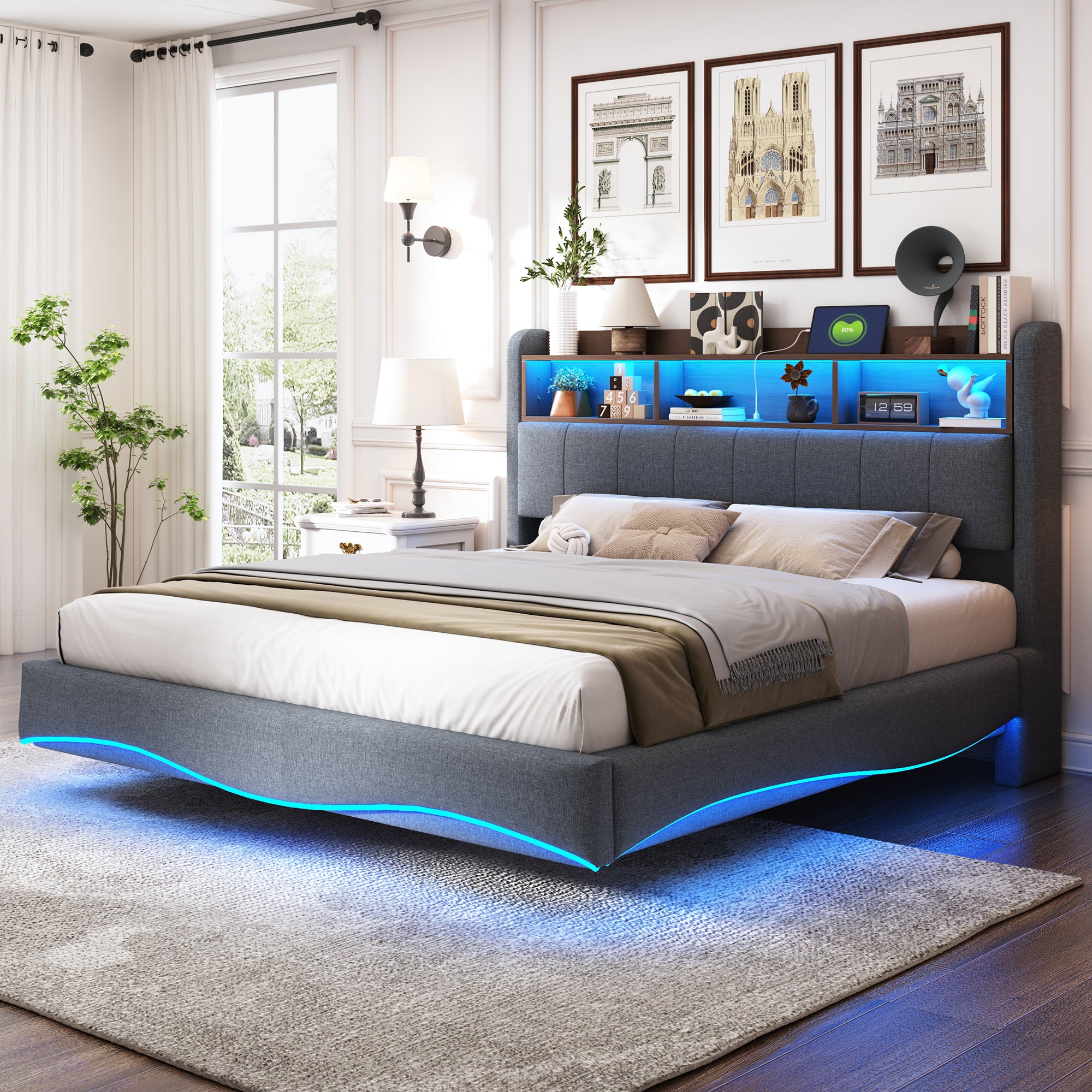 Suspended Design Upholstered Bed, Multifunctional Storage, LED, USB, Type-C, Linen Fabric Gray