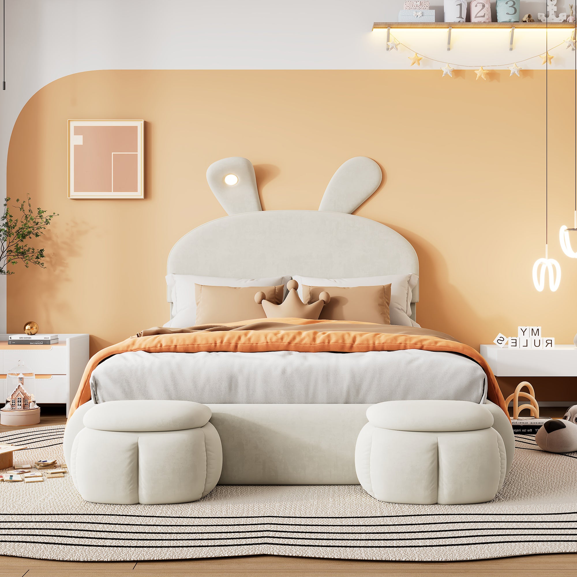 Upholstered Bed, Hydraulic with Rabbit Ears & Storage, Velvet Beige