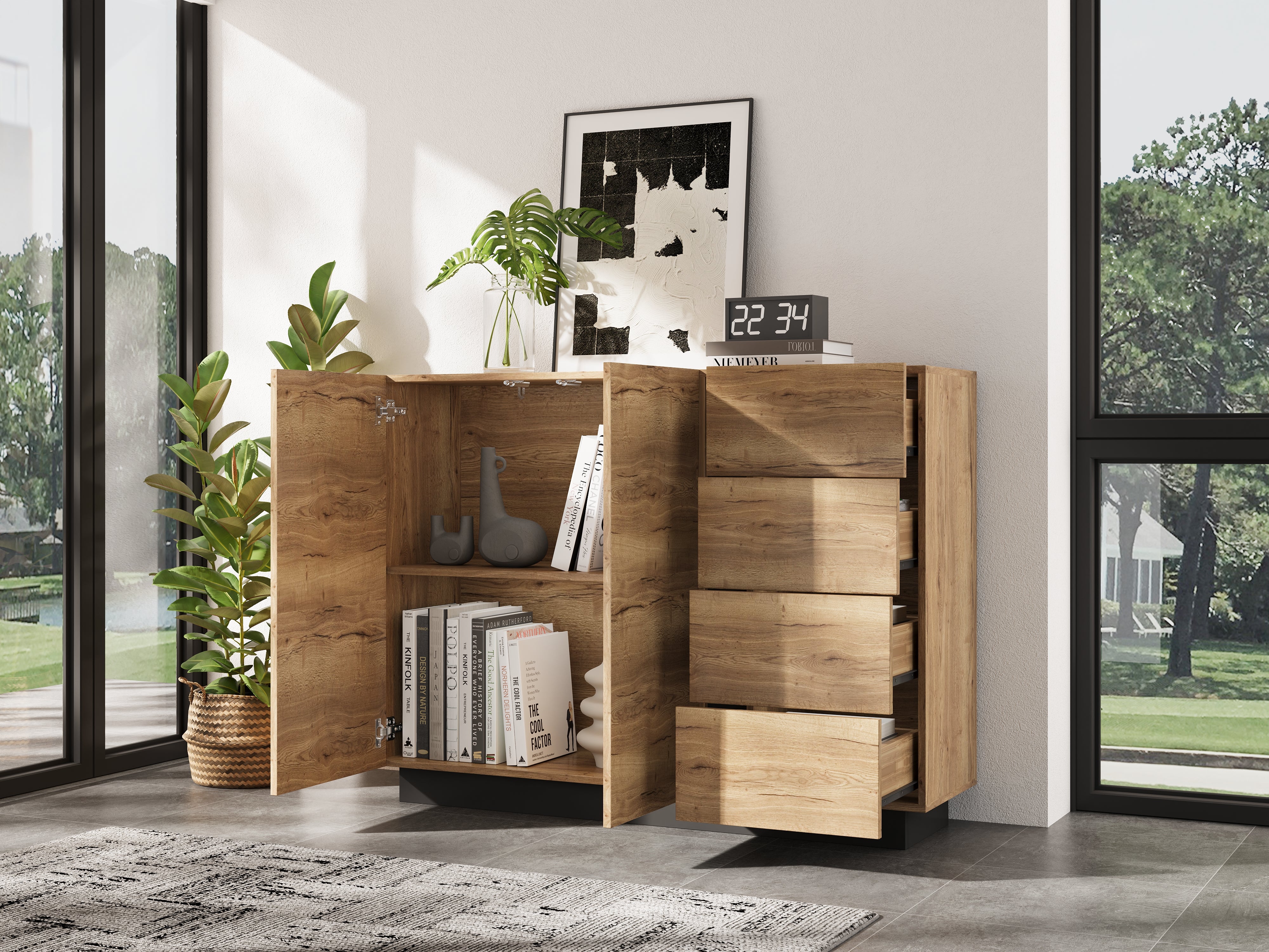 Chest of Drawers Sideboard Storage Cabinet 4 Drawers 2 Doors Black and Natural